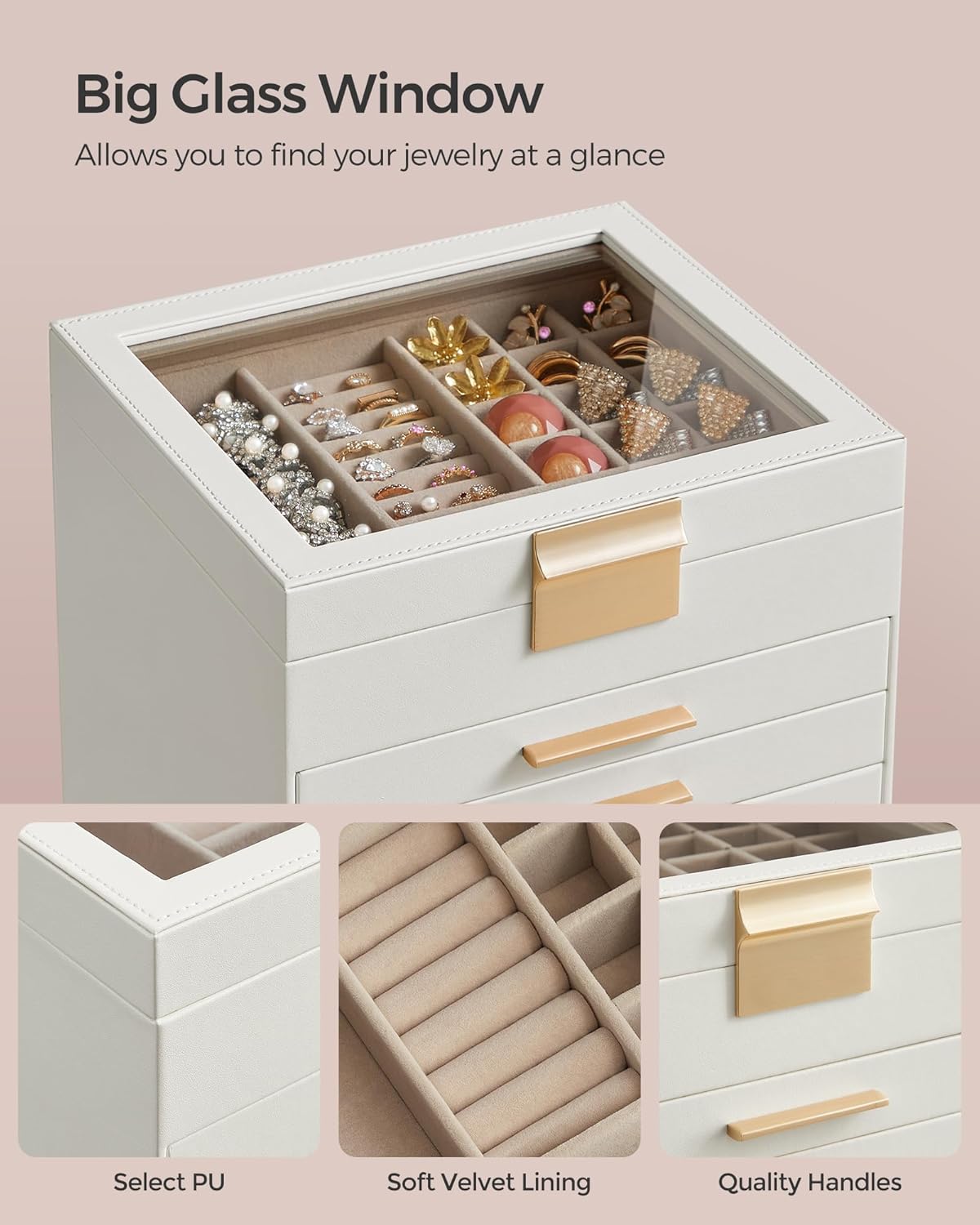 Jewelry Box with Glass Lid, 6-Layer Jewelry Organizer, 5 Drawers, for Big and Small Jewelry, Jewelry Storage, Modern Style, 8 x 9.1 x 9 Inches, Cloud White and Gold Color UJBC176W01
