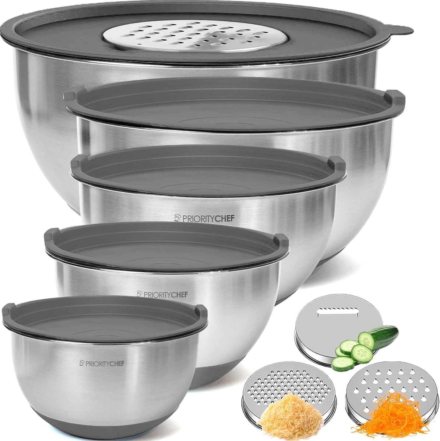 Stainless Steel Mixing Bowls with Lids Set, 3 Grater Attachments, Airtight Lids, Non-Slip Silicone Base Mixing Bowl Set, Large Prep Metal Mixing Bowls for Kitchen, Black