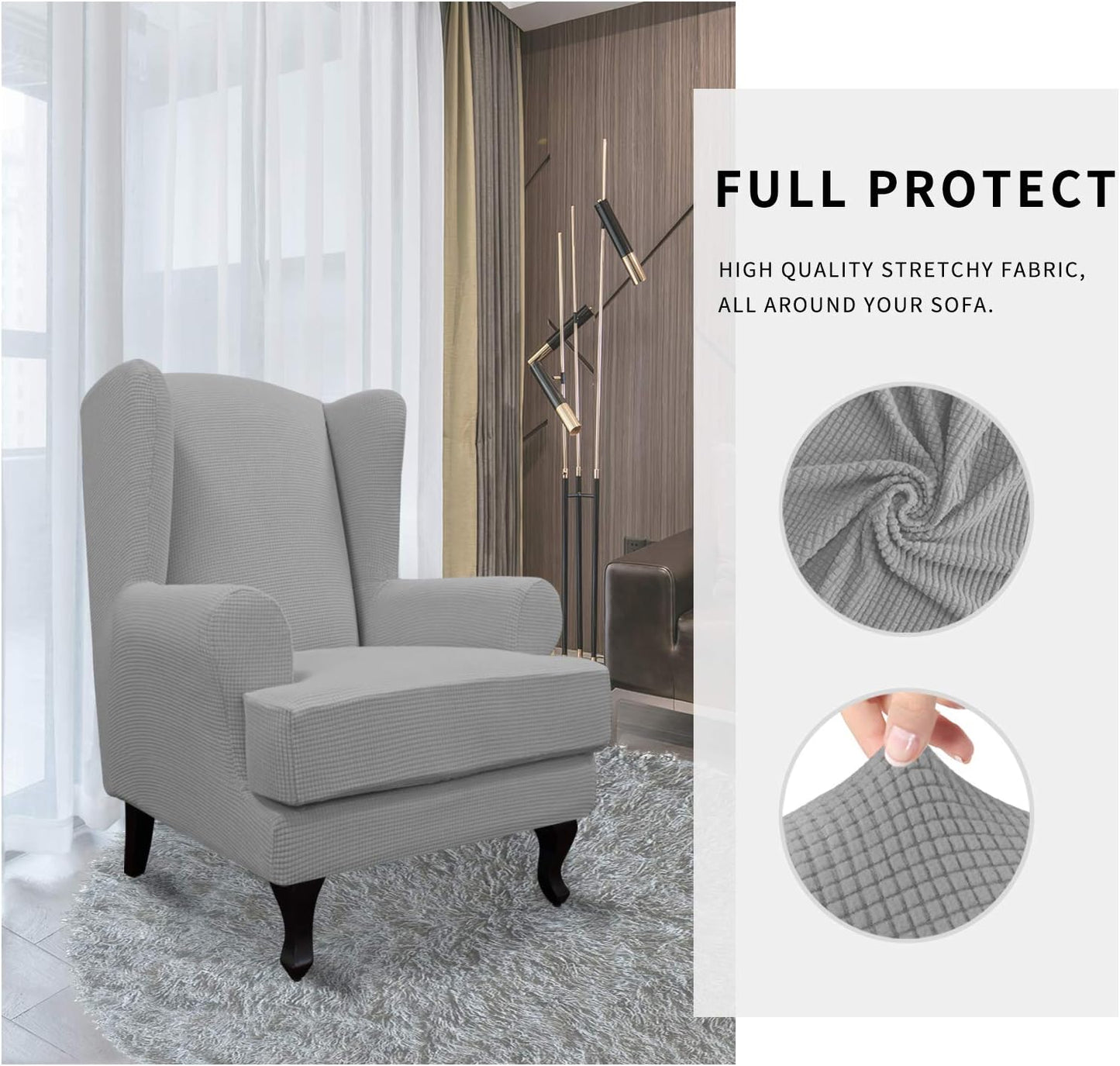 Stretch Wingback Chair Sofa Slipcover 2-Piece Sofa Cover Furniture Protector Couch Soft with Elastic Bottom, Spandex Jacquard Fabric Small Checks, Light Gray