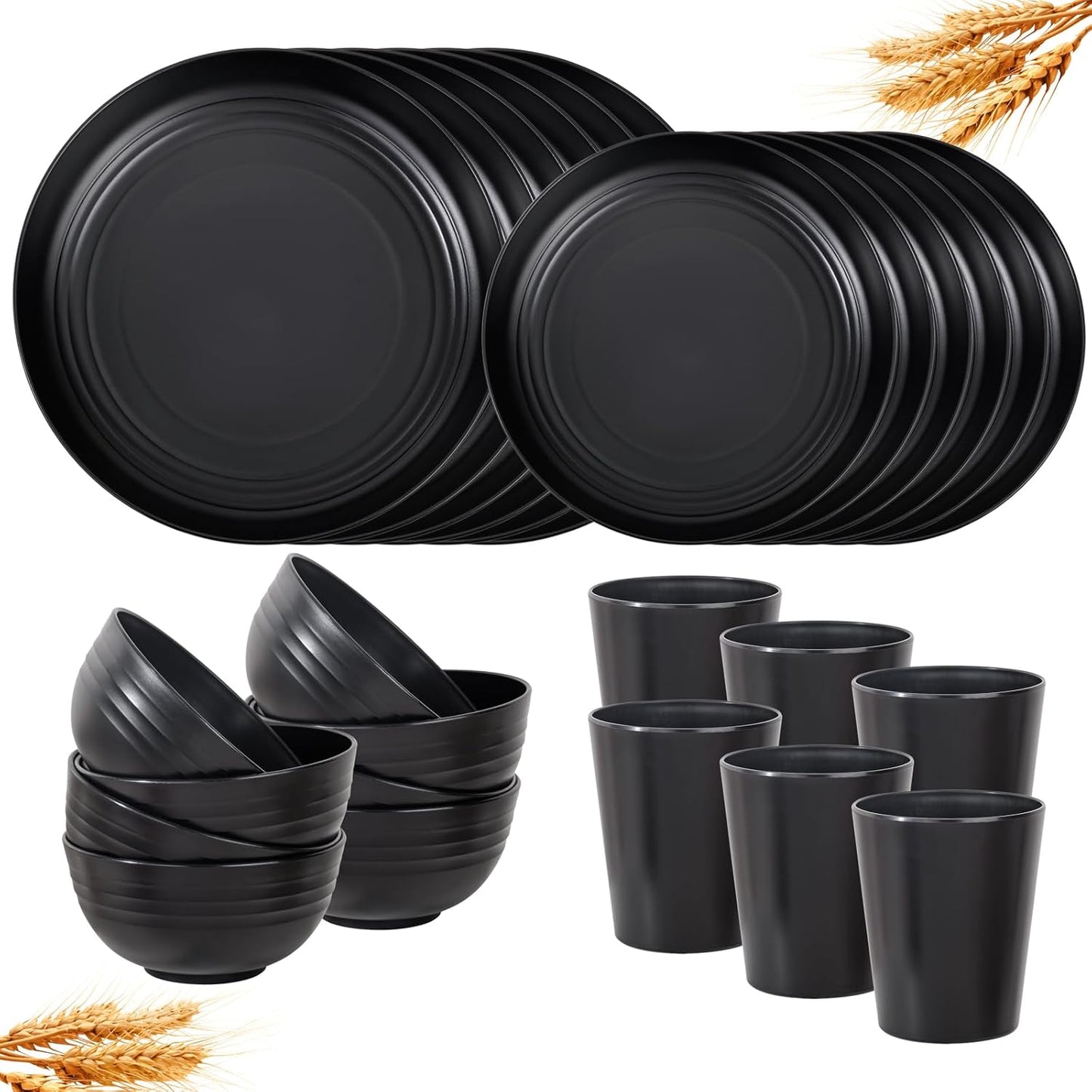 48pcs Grey Straw Dinnerware Set, Plates and Bowls Set, Camping Dish Set for 12, Plastic Dinnerware Set, Dishwasher Safe Dinnerware Set, Unbreakable Plates, Camper Dish Sets, Reusable Tableware