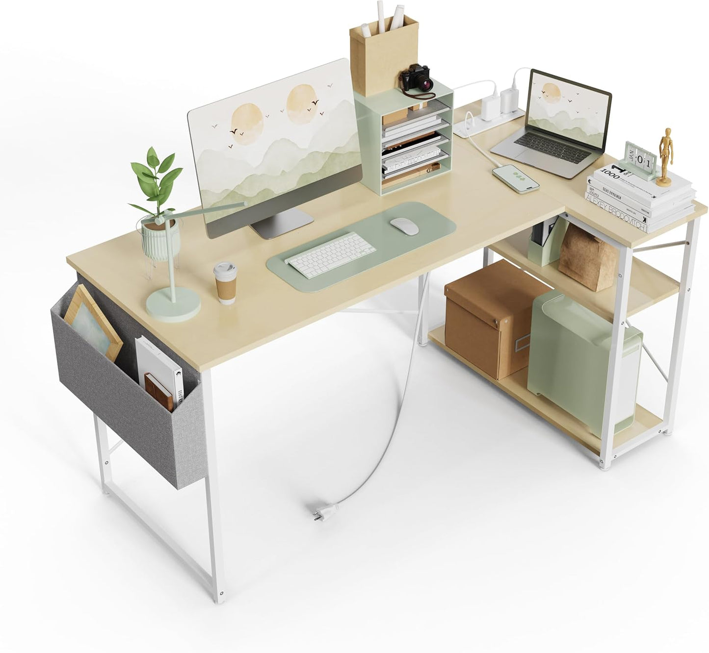 Small Computer Desk with Power Outlets, 40 Inch L Shaped Desk with Reversible Shelves, Gaming Desk Corner Desk Study Writing Table for Home Office Bedroom Living Room, Black