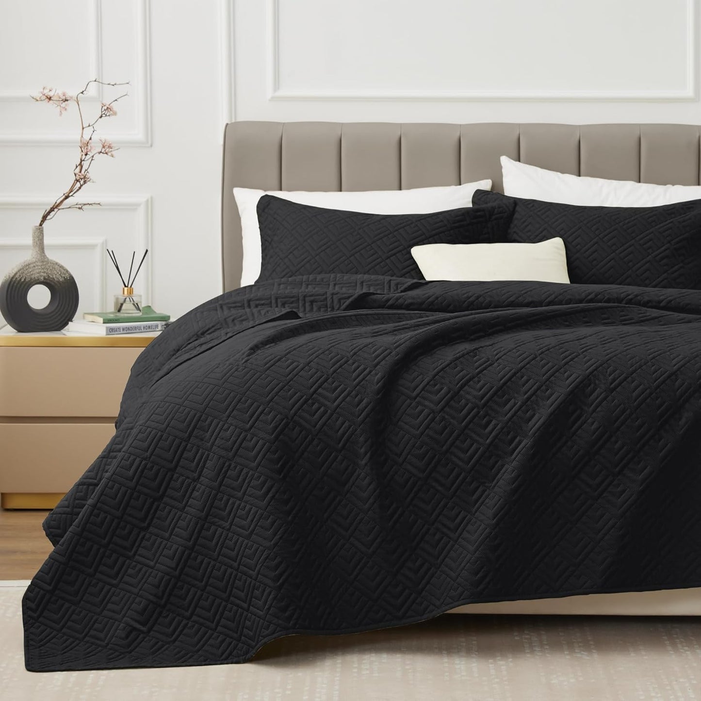 Home Quilt Set Full Queen Size Grey 3 Piece,Lightweight Soft Coverlet Squares Pattern Bedspread Set for All Season(1 Quilt,2 Pillow Shams)