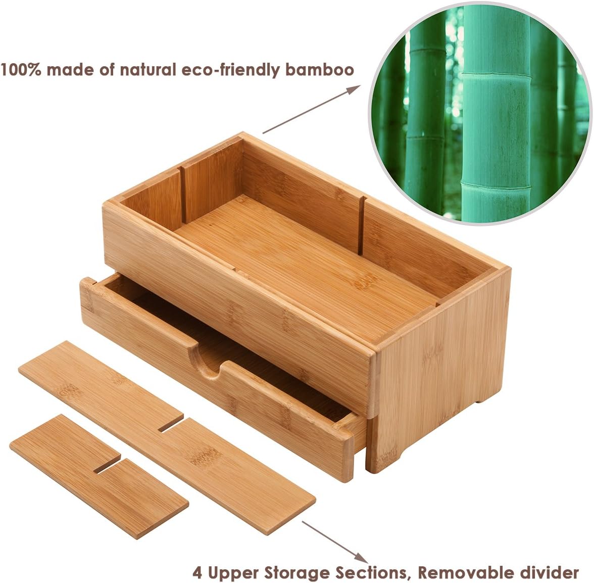 Bamboo Makeup Organizers and Storage with Drawer - Wooden Cosmetic Organizer Countertop for Bathroom, Bedroom, Closet, Kitchen, Vanity & Dresser - Make up Vanity Station