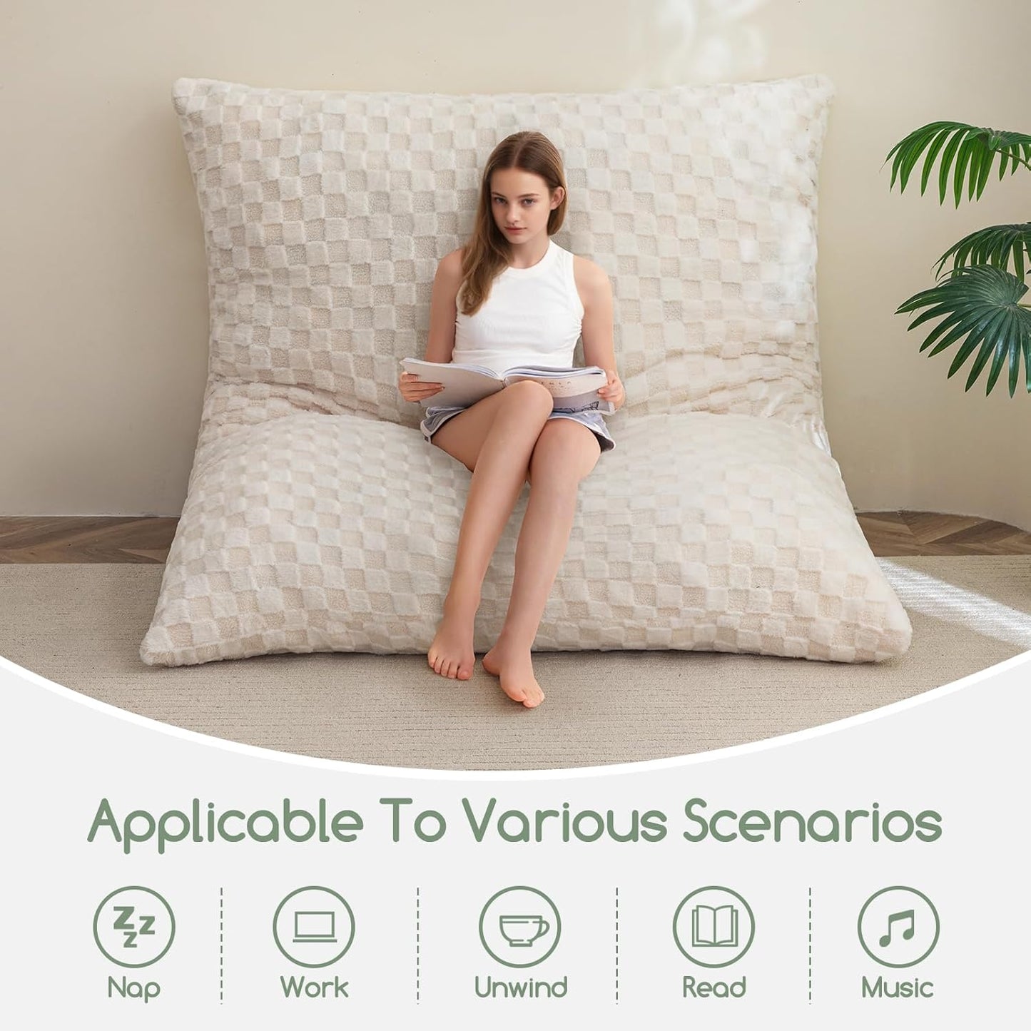 3 in 1 Bean Bag Chair, Giant Bean Bag Convertible Lounger for Adult with Filler Included for Bedroom Room Living Room, 75x54 Inch, Beige