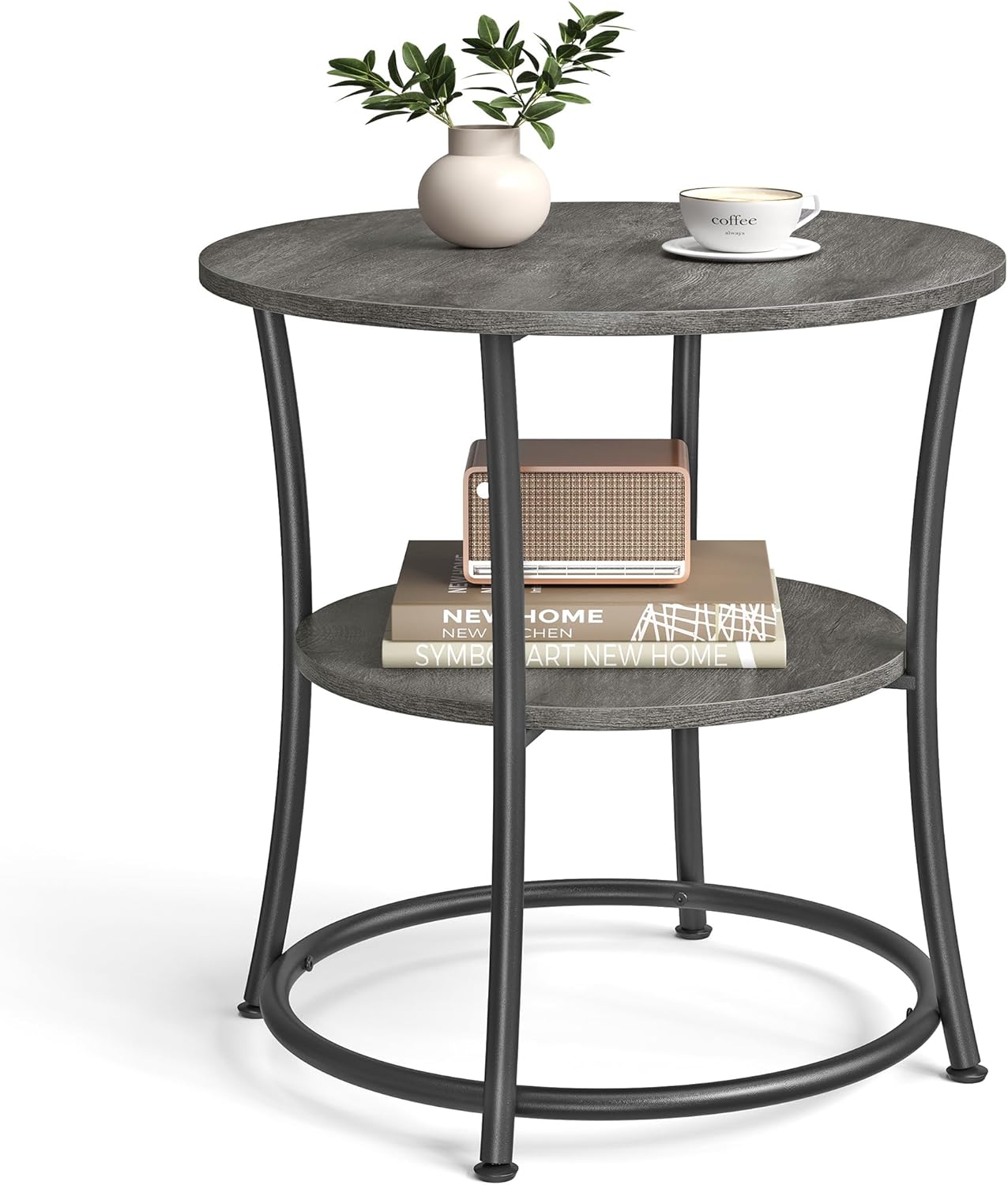 Side Table, Round End Table with 2 Storage Shelves for Living Room, Bedroom, Nightstand with Steel Frame for Small Spaces, Accent Coffee Table, Greige and Ink Black