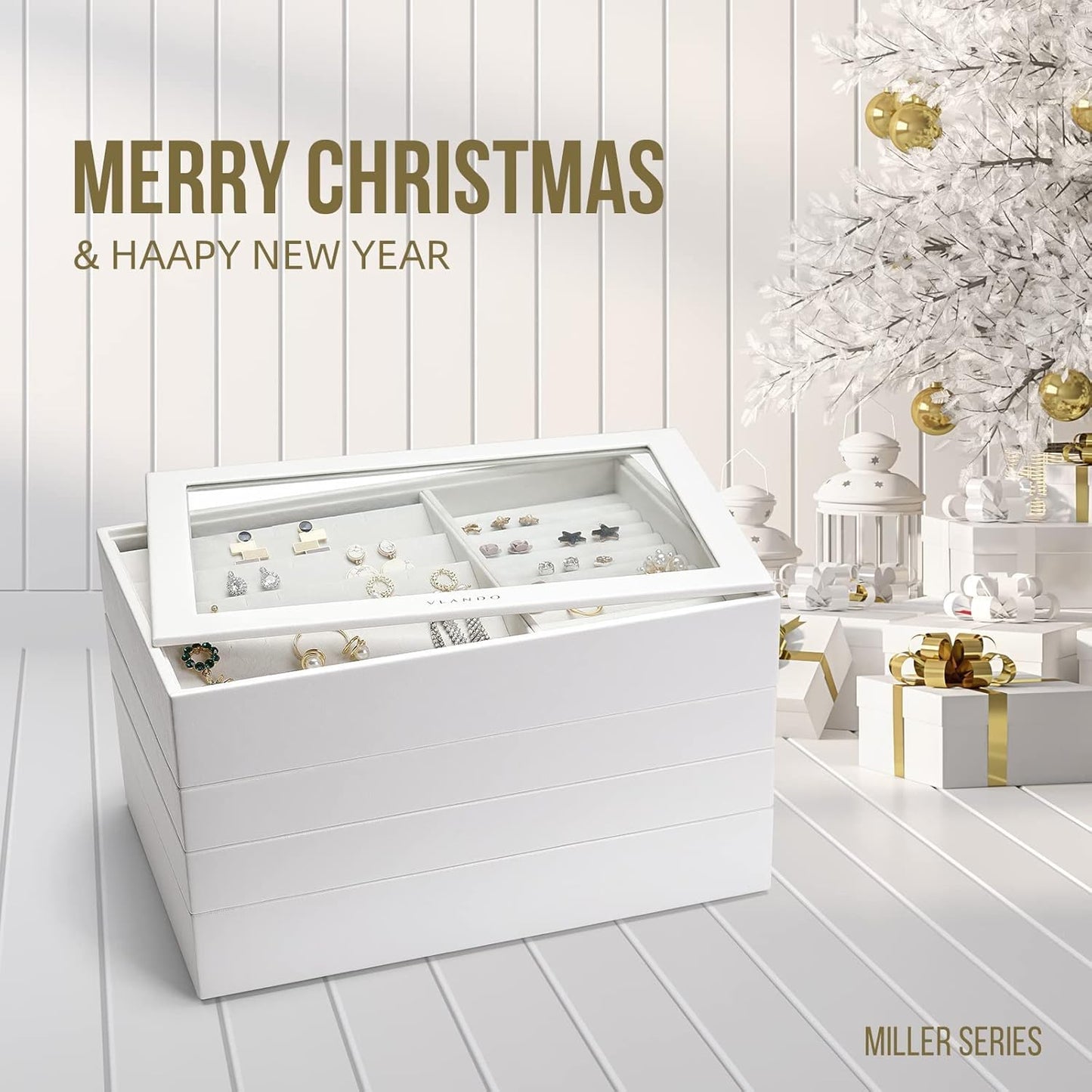 Jewelry Trays Stackable Showcase Display Drawer Organizer Storage Toughened Glass Lid Multi-Purpose Multiple Combinations Large Capacity Multi-Layer Design and Fashion-White