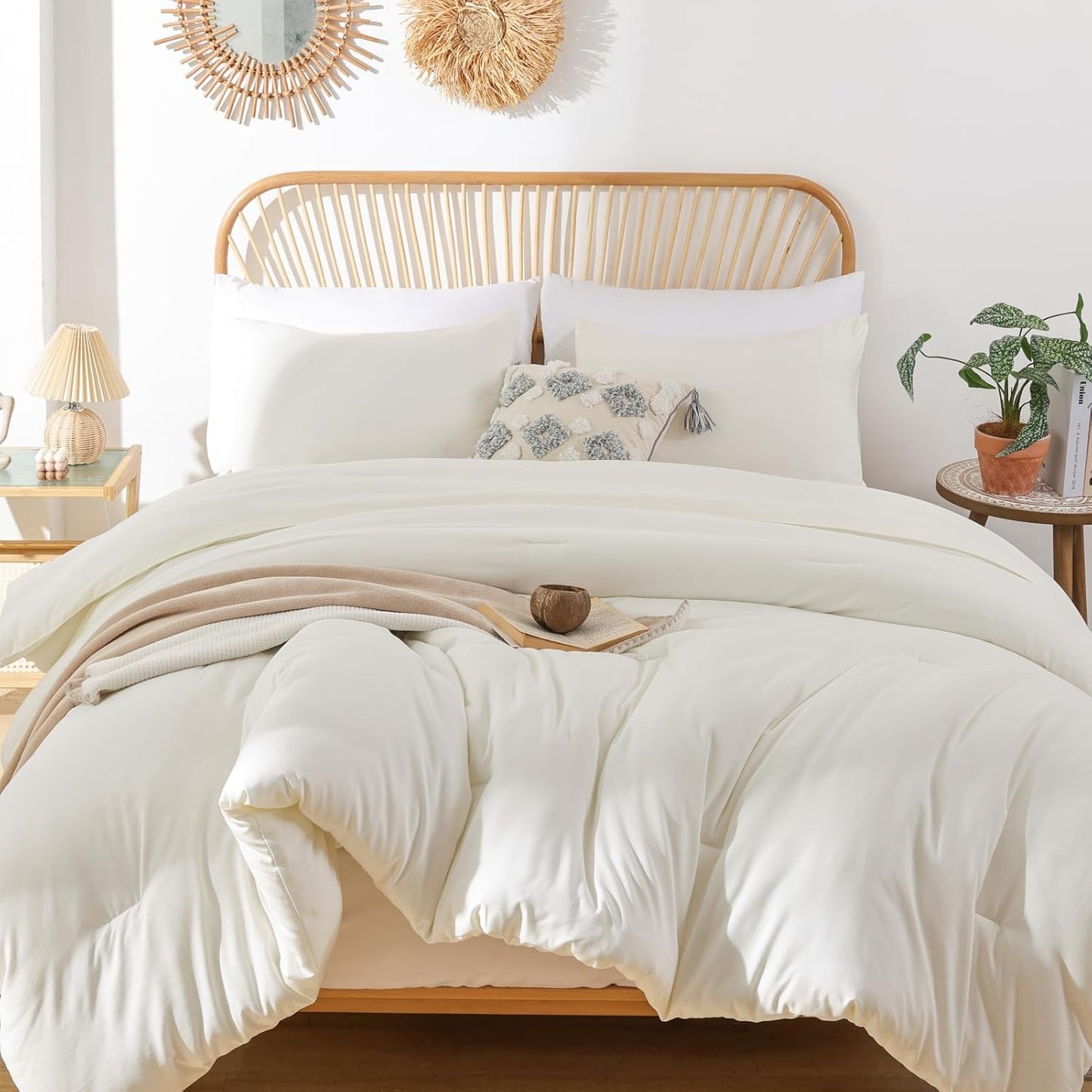 Queen Comforter Set Oatmeal, 3pcs(1 Boho Oatmeal Comforter & 2 Pillowcases) All Season Soft Bedding Lightweight Bedspread Blanket Quilt