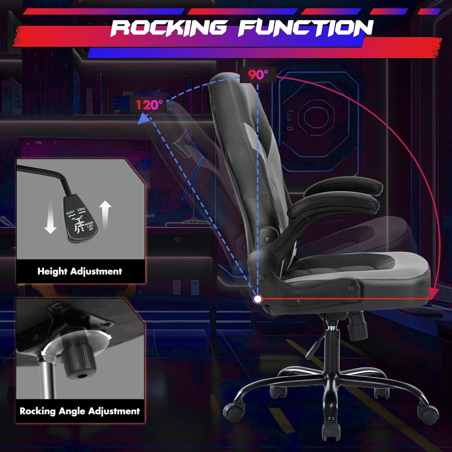 Computer Gaming Desk Chair - Ergonomic PU Leather with Comfy Lumbar Support, Height Adjustable Rolling Desk with Flip-up Armrests, for Home and Office