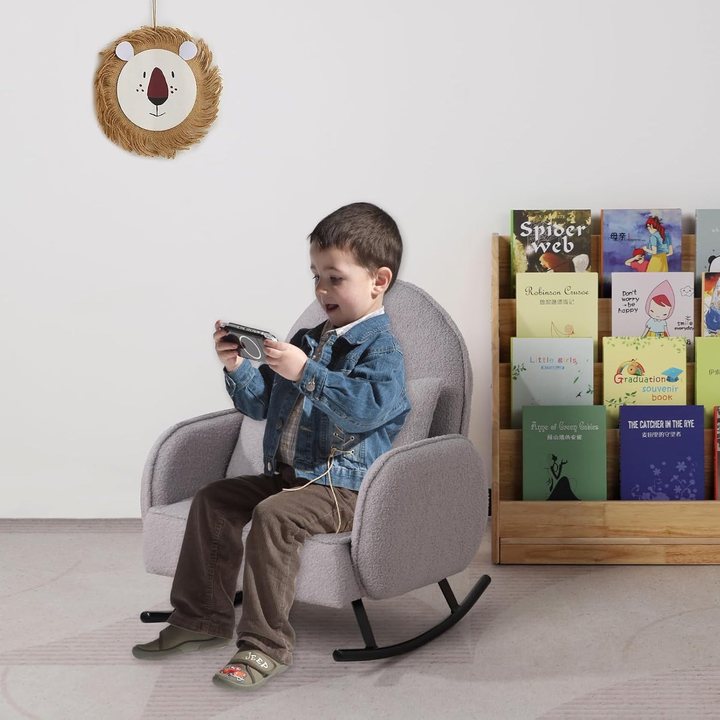 Single Kid Rocking Sofa with Sherpa Fabric, Kid Armchair with Shaky Metal Foot,Individual Pillow Toddler Sofa Chair for Kid Sitting (Grey)