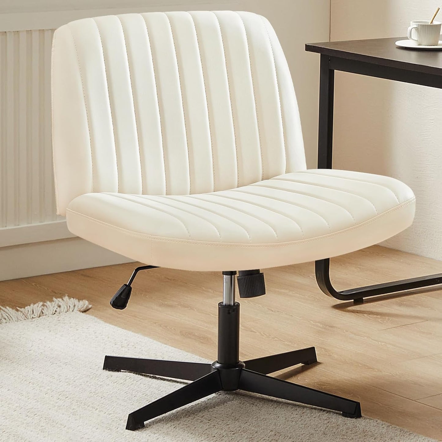 Criss Cross Chair Legged, Armless Office Desk Chair No Wheels, Swivel Vanity Chair, Height Adjustable Wide Seat Computer Task Chair, Fabric Vanity Modern Home Chair Blue