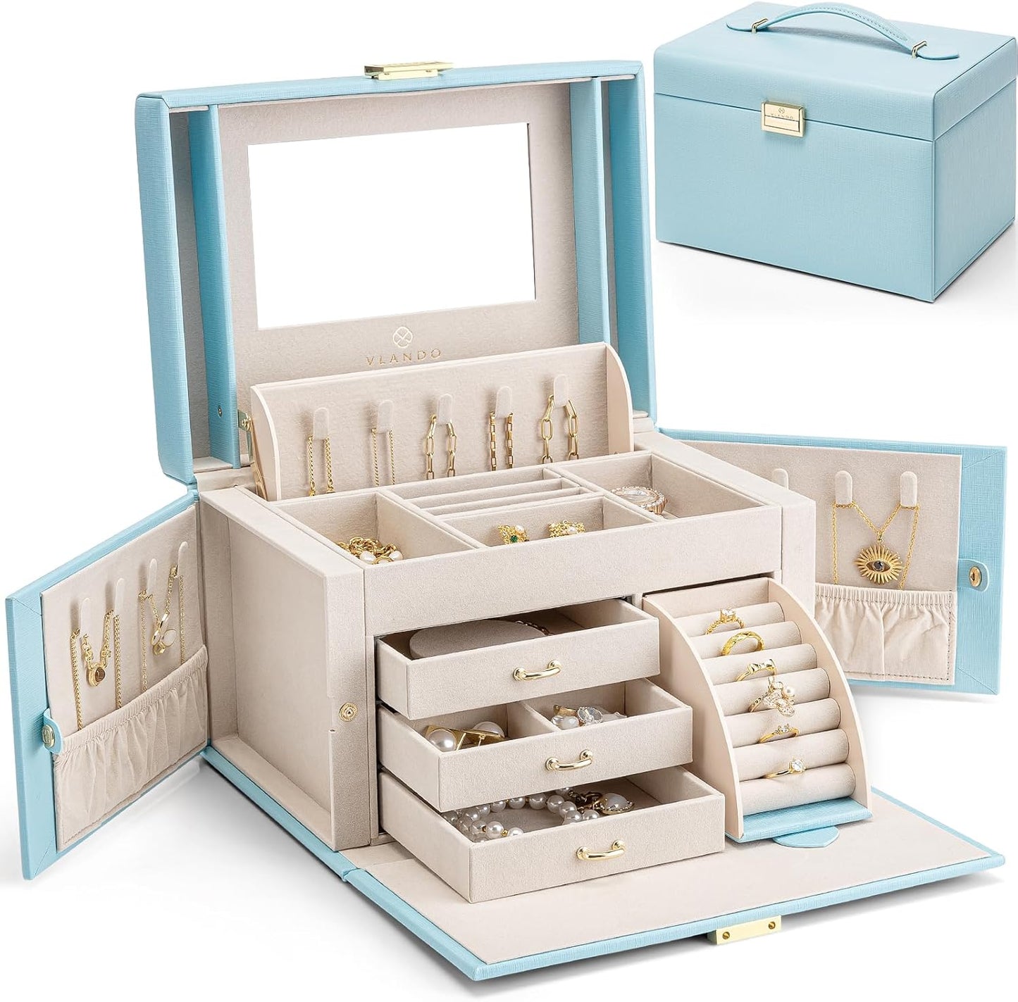 Jewelry Box Organizer for Girls Women, Large Jewelry Holder Organizer with Mirror, 3 Drawers for Bracelets, Earrings, Rings, Necklaces, Mothers Day Gifts for Loved One, Apricot White