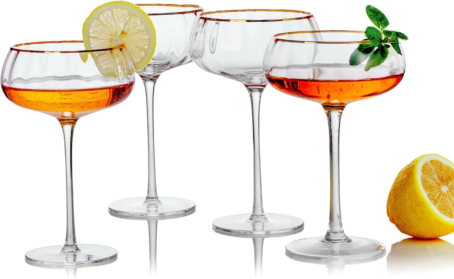Stemless Wine Glasses Set of 4 - Premium Hand Blown Drinking Glasses for White and Red Wine - Elegant Wide Vertical Stripe and Gold Rim Design - Clear 11.8oz