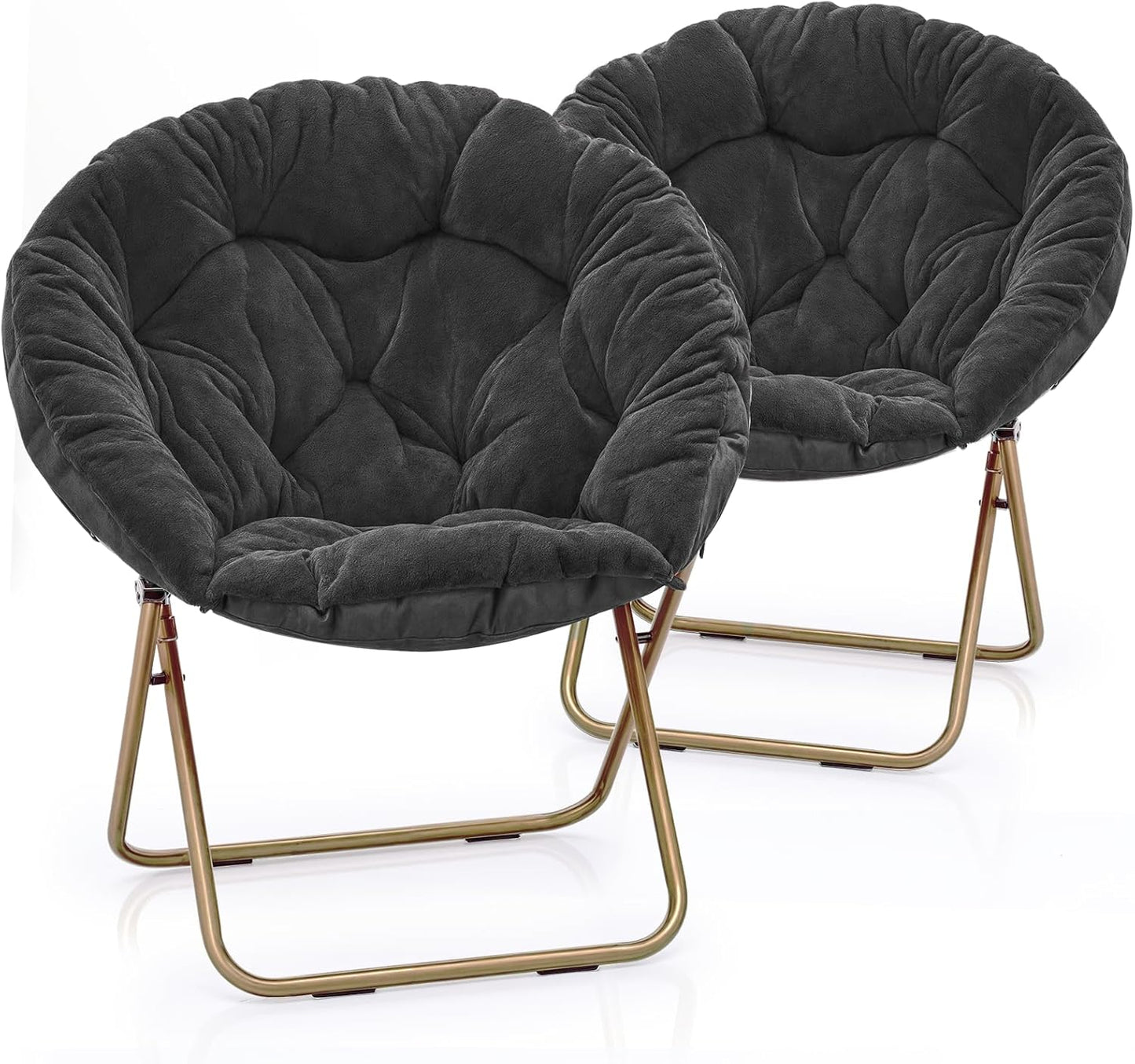 Round Folding Faux Fur Saucer Chair for Bedroom Living Room Dorm Foldable Metal Frame Oversized Large Comfy Furry Padded Soft Lounge Lazy Cozy Moon Chair for Adults (Beige, 2 Pieces)