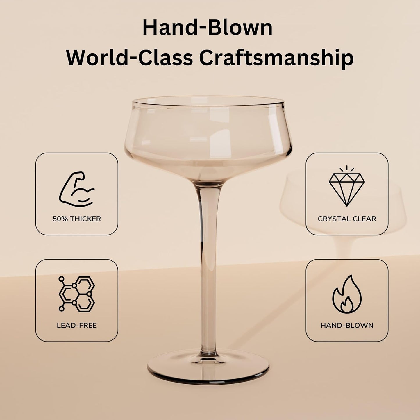 Champagne Coupe Glasses Set of 6-8oz Hand Blown Crystal Martini Glasses with 6 Stainless Steel Cocktail Picks - Versatile Tall Cocktail Glasses & Vintage Cocktail Glasses for Martini & More