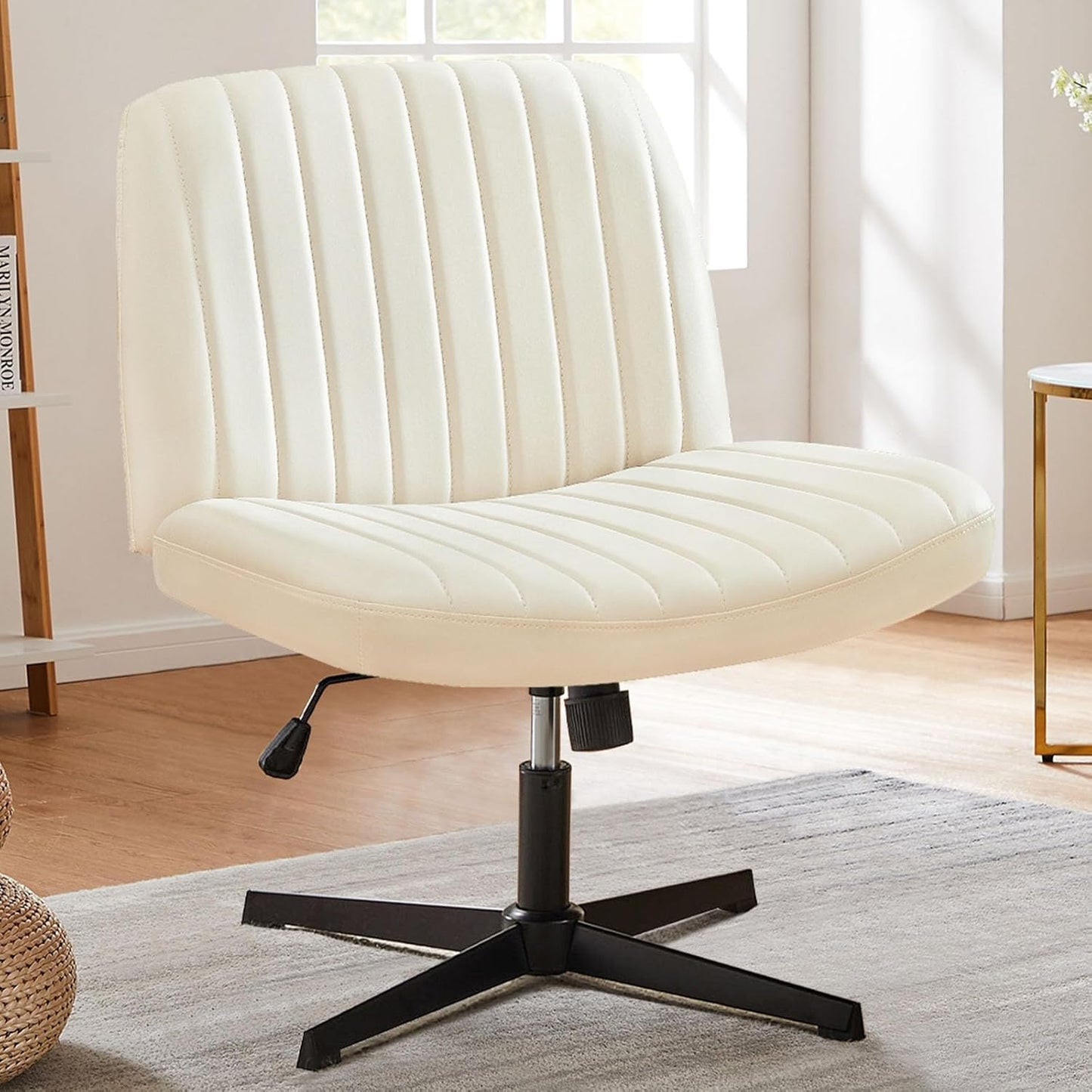 Criss Cross Chair Legged, Armless Office Desk Chair No Wheels, Swivel Vanity Chair, Height Adjustable Wide Seat Computer Task Chair, Fabric Vanity Modern Home Chair Blue