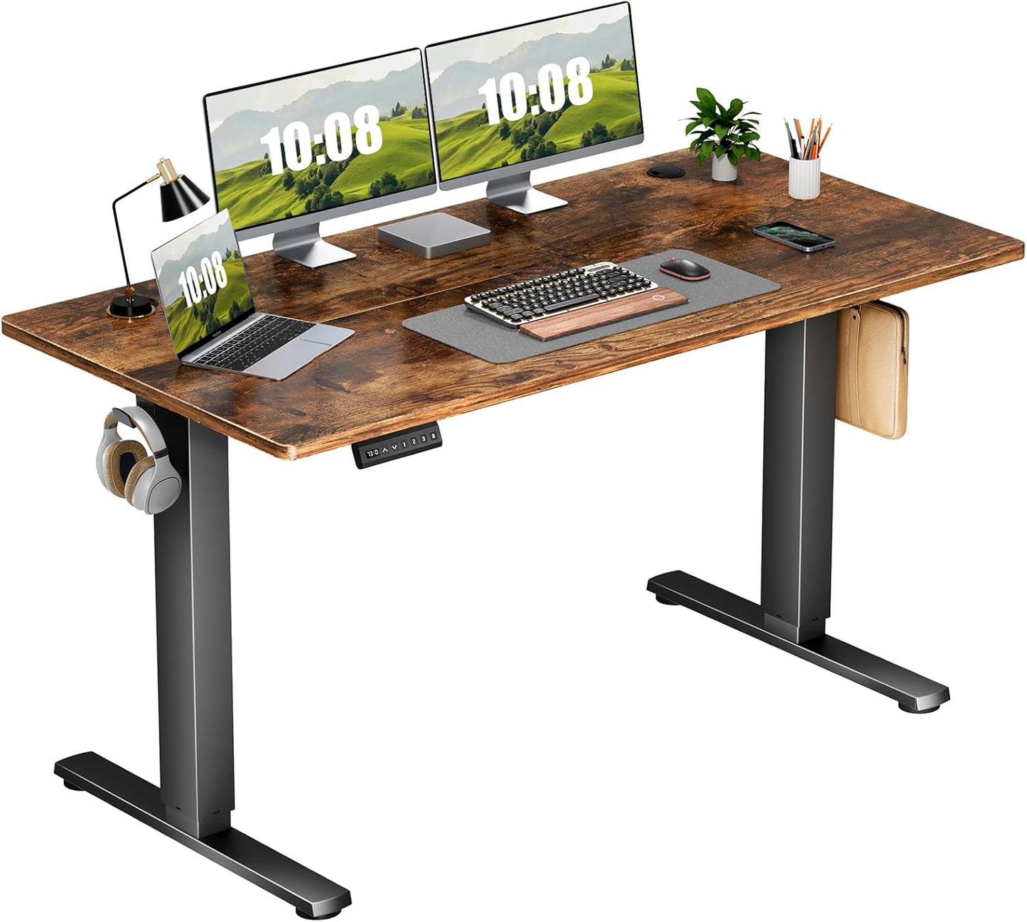 Electric Adjustable Height Standing Desk - 40 x 24 inch Sit to Stand Up Desk with Splice Board, Rising Home Office Computer Table with 2 Hook and Wire Hole for Work