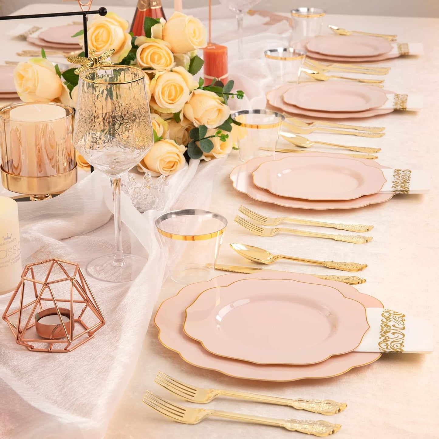 175PCS Pink Plastic Plates - Pink Plates with Gold Disposable Silverware - Include 50 Plates,25 Knives,25 Forks,25 Spoons,25 Cups and 25 Napkins - Ideal for Wedding & Party