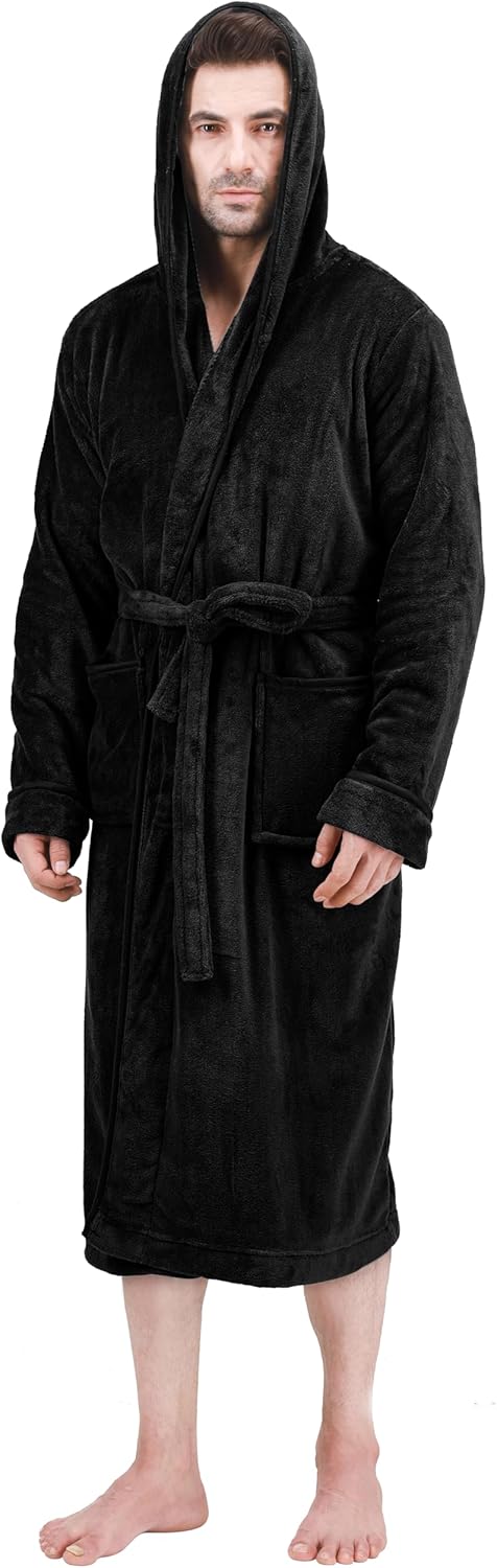 Men's Hooded Fleece Bathrobe Plush Long Spa Robe