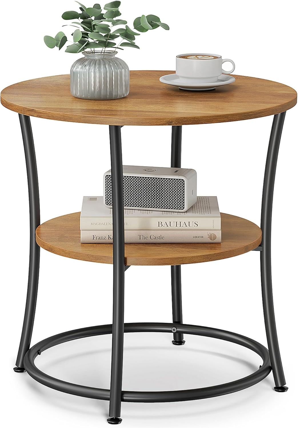 Side Table, Round End Table with 2 Storage Shelves for Living Room, Bedroom, Nightstand with Steel Frame for Small Spaces, Accent Coffee Table, Greige and Ink Black