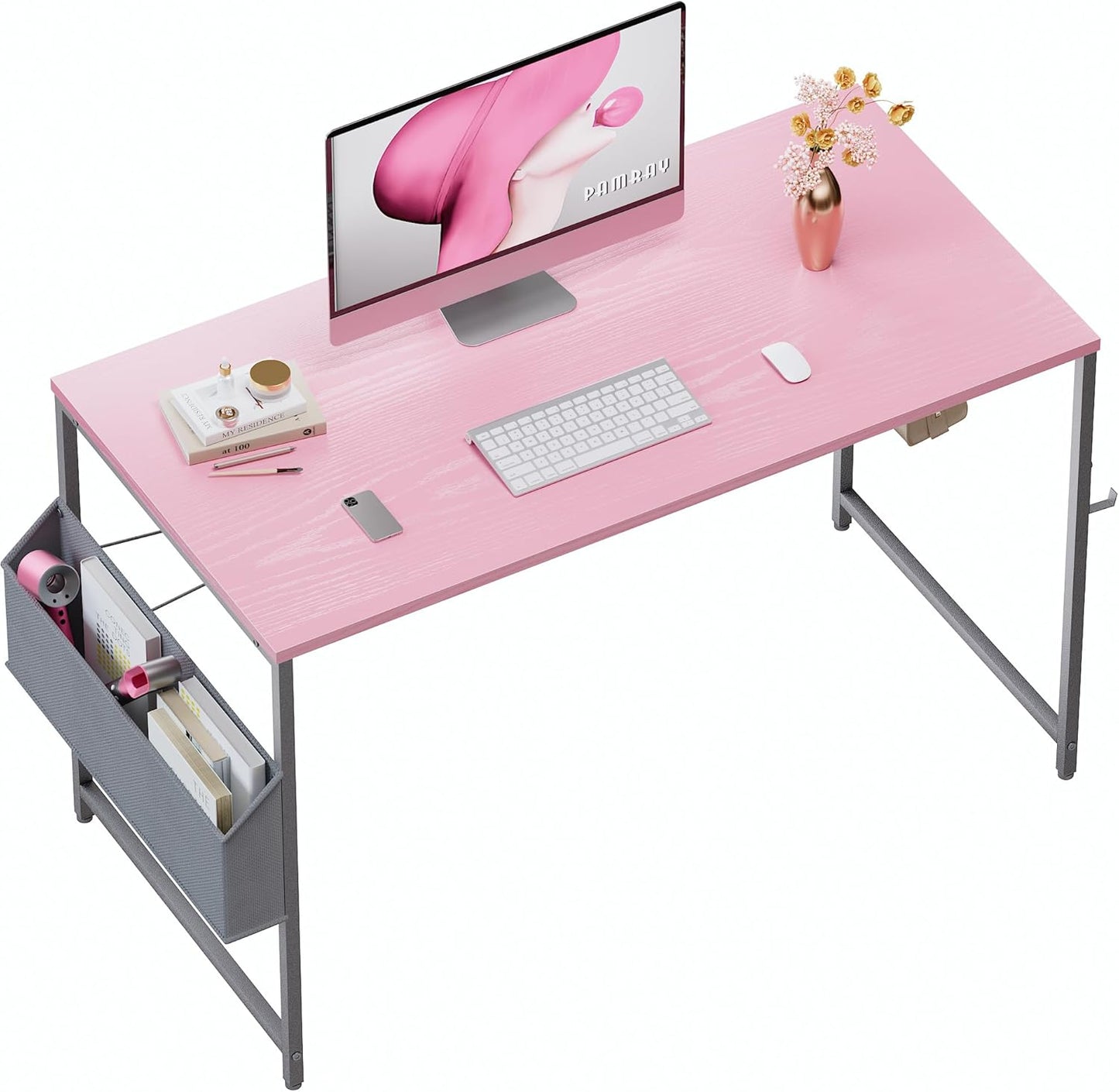 47 Inch Computer Desk for Small Spaces with Storage Bag, Home Office Work Desk with Headphone Hook, Small Office Desk Study Writing Table