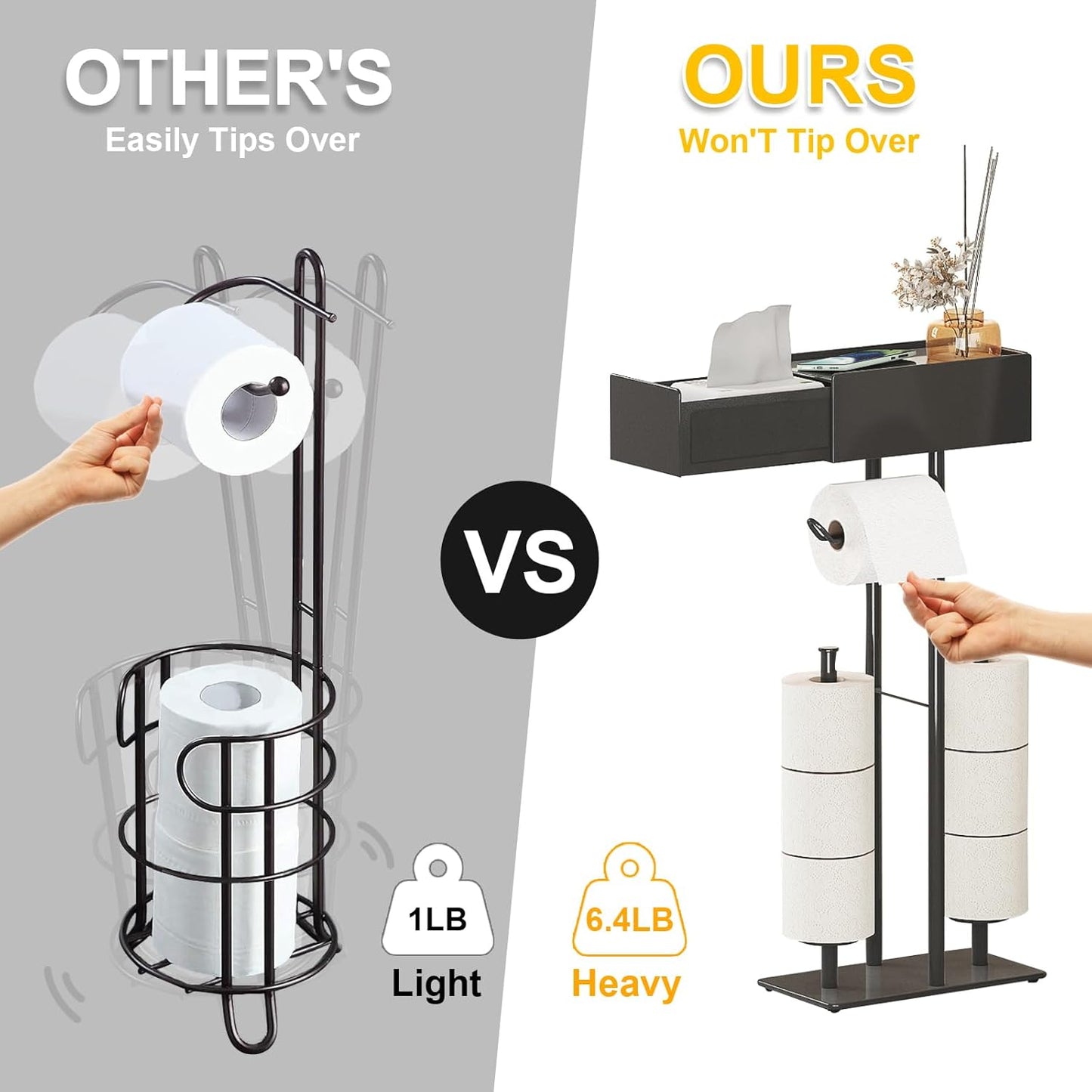 Free Standing Toilet Paper Holder with Shelf,Stand Mega Roll Toilet Paper Holder with Storage,Freestanding Tp Holder with Drawer for Wipes,No Drill,Matte Black,Bathroom