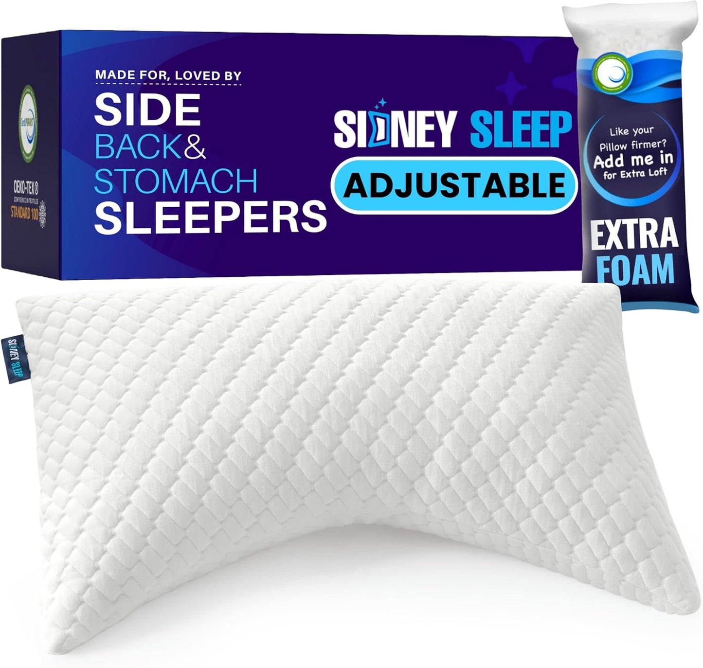 Pillow for Side and Back Sleepers - Comfort for Neck and Shoulder Pain - Adjustable and Customizable Shredded Memory Foam Filling - Queen Size - Additional Foam Fill Included (White)