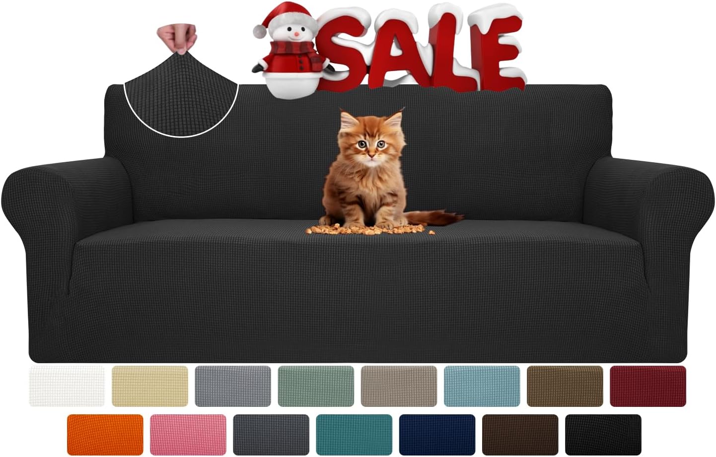 Super Stretch Couch Cover for 3 Cushion Couch, 1-Piece Universal Sofa Covers Living Room Jacquard Spandex Furniture Protector Dogs Pet Friendly Fitted (Large, Black)