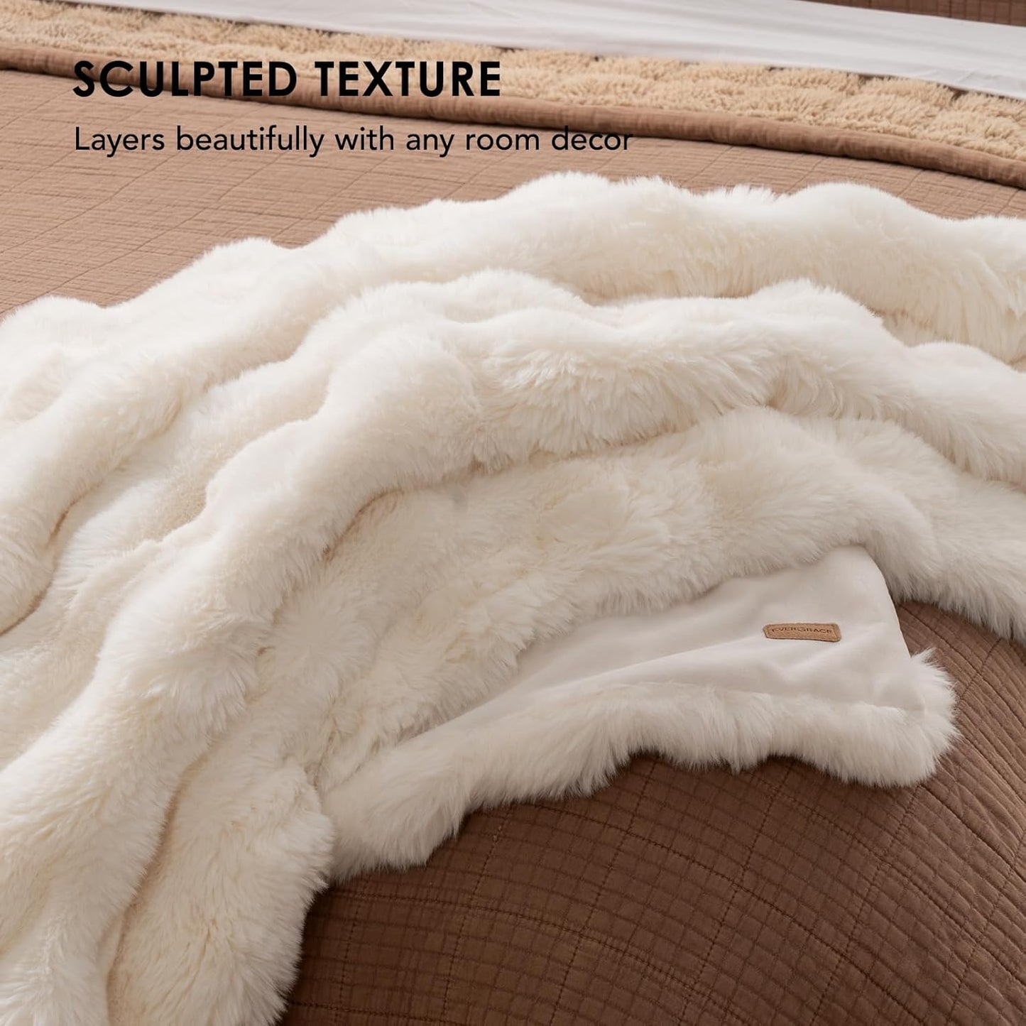 Ultra Soft Luxury Fluffy Ridgeline Faux Rabbit Fur Throw Blanket, Thick Warm Bubble Throw for Bed, Cozy Plush Reversible Blankets for Couch, Chair, Sofa, Ivory White, 60x80 Inches, 870 GSM