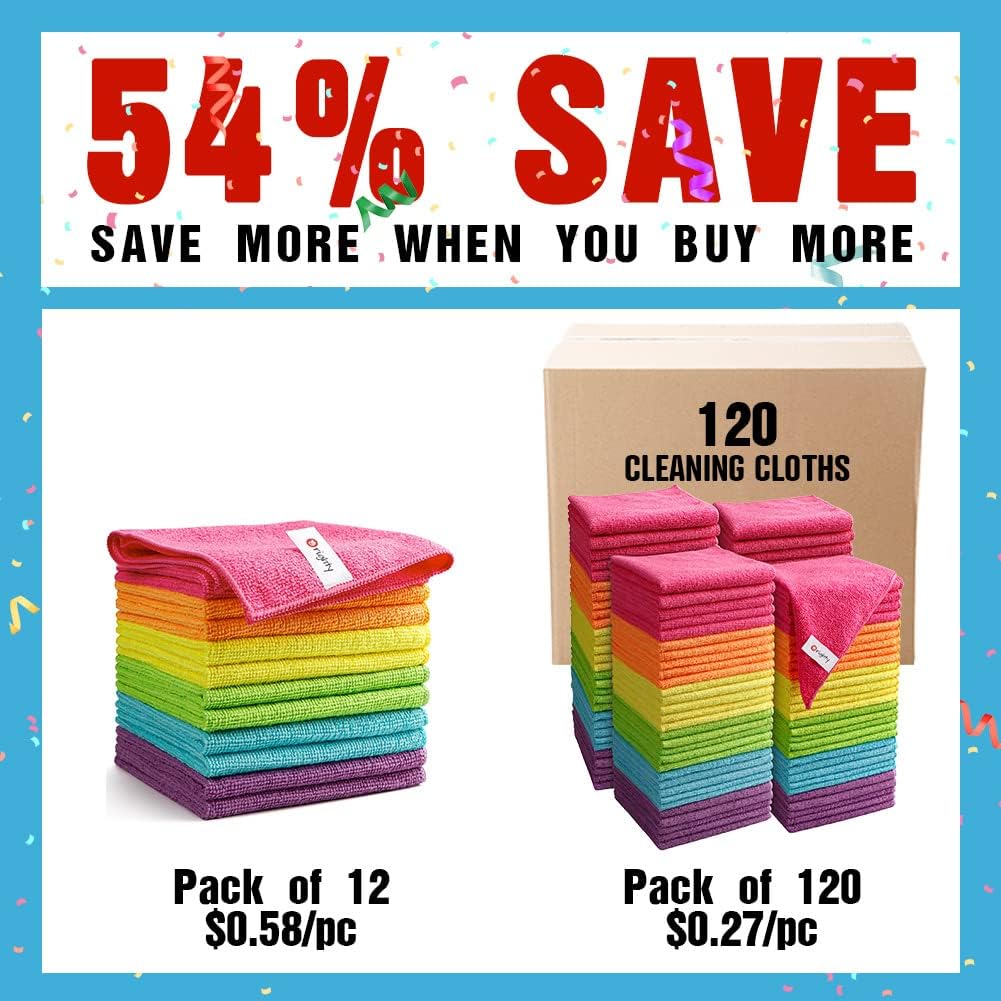 Cleaning Cloths Pack of 120, Highly Absorbent Microfiber Cleaning Supplies, Lint Free Cloths for Multiple-use, Powerful Dust Removal Clean Rags for House, Kitchen, Car Care(12x12 inch)