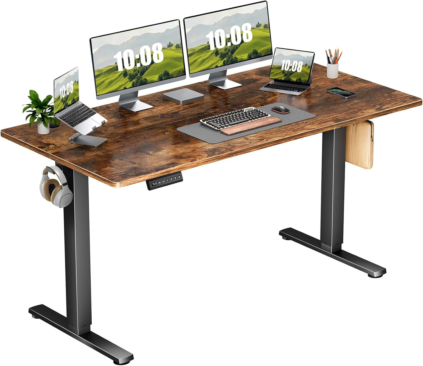 Electric Adjustable Height Standing Desk - 40 x 24 inch Sit to Stand Up Desk with Splice Board, Rising Home Office Computer Table with 2 Hook and Wire Hole for Work