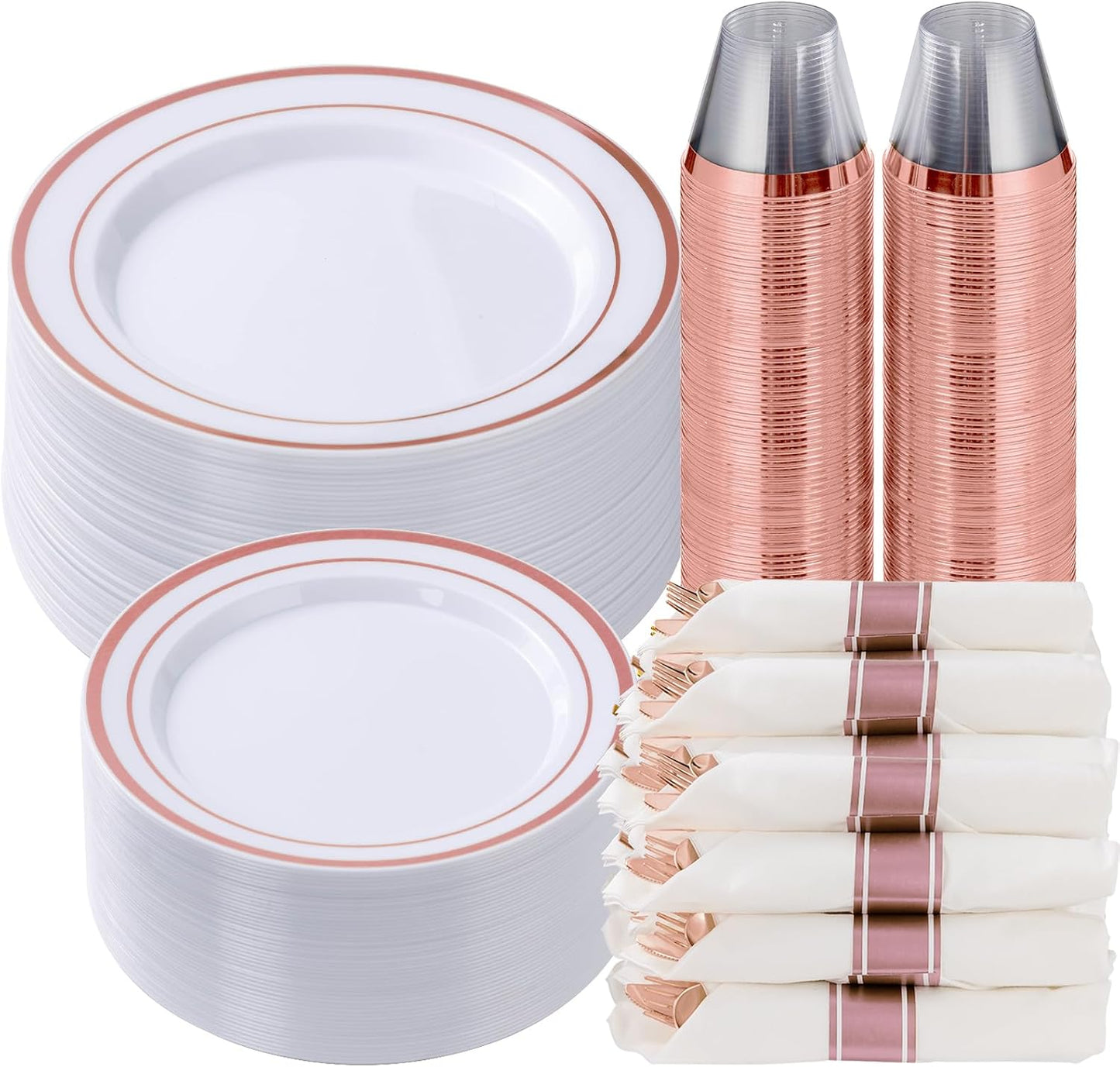 350 Piece Silver Plastic Dinnerware Set for 50 Guests, Fancy Disposable Plates for Party, Include: 50 Dinner Plates, 50 Dessert Plates, 50 Pre Rolled Napkins with Silver Silverware, 50 Cups