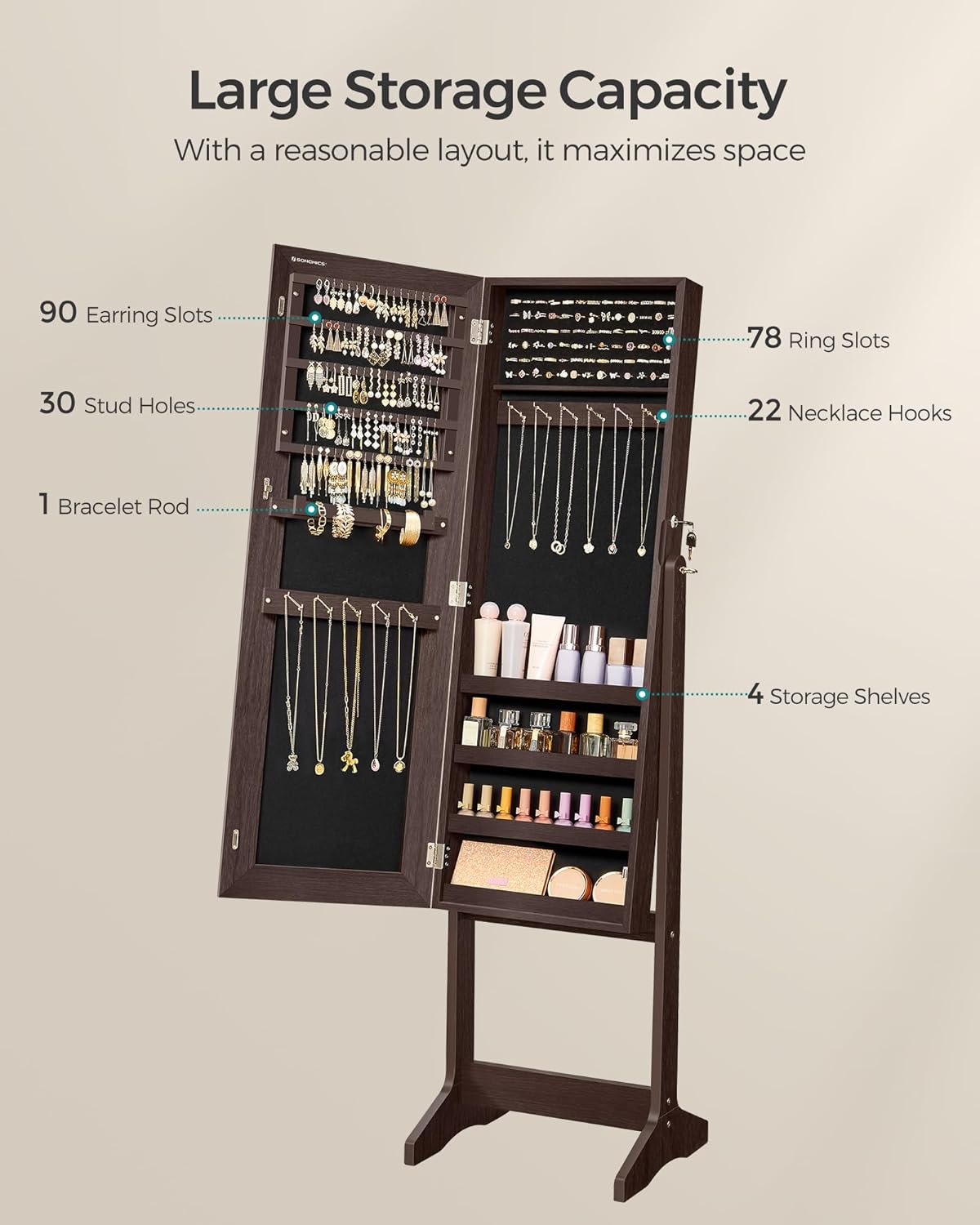 Mirror Jewelry Cabinet Armoire, Standing Full-Length Mirror, Lockable Jewelry Organizer, Gift Idea, Brown Surface and Black Lining