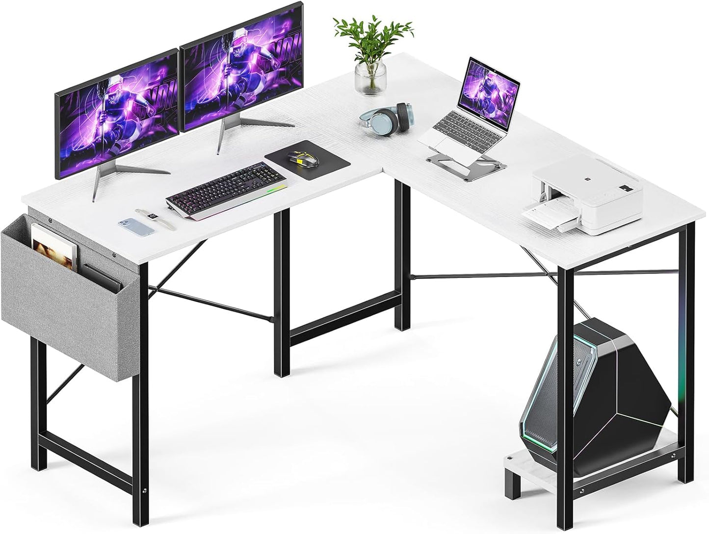 L Shaped Desk - Computer Desk Corner Desks Gaming Desk PC Table with CPU Stand Side Bag for Home Office Dorm Sturdy Writing Workstation, Black, 50-Inch