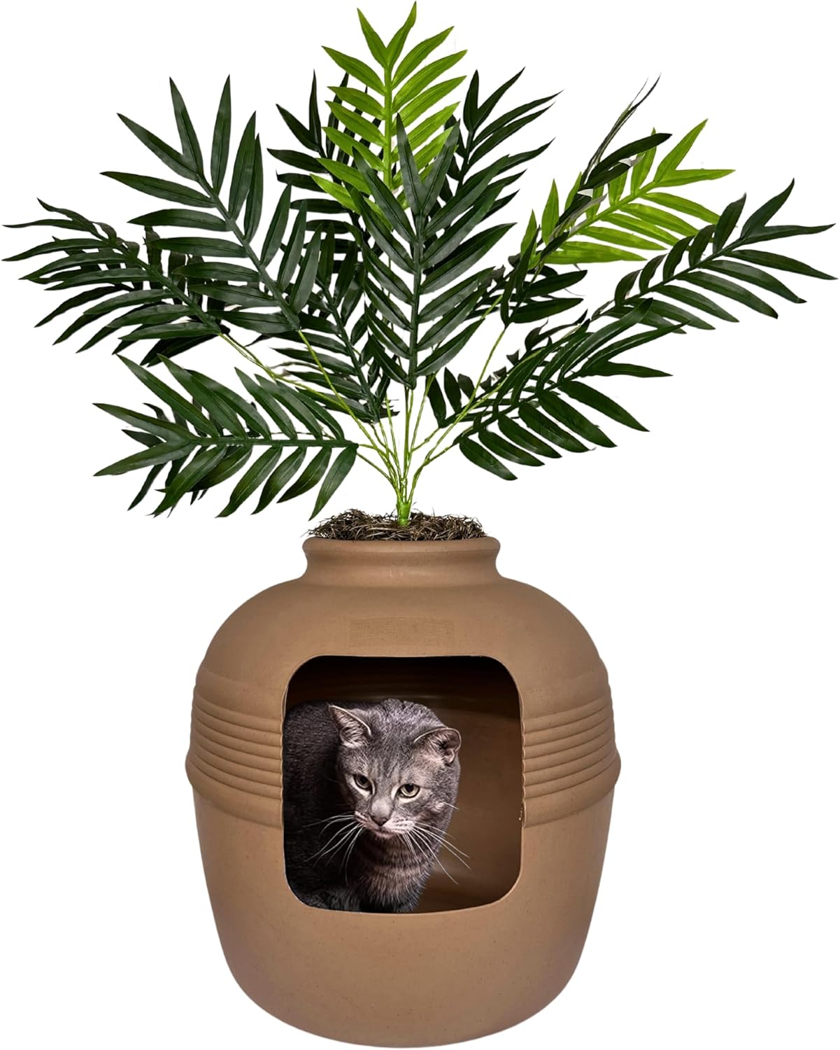 Hidden Litter Box Base Kit, Round Enclosed Cat Planter Furniture with Fake Plant, Hooded Vented Carbon Filter System for Odor Control, Easy to Clean, Made in USA, White Birch