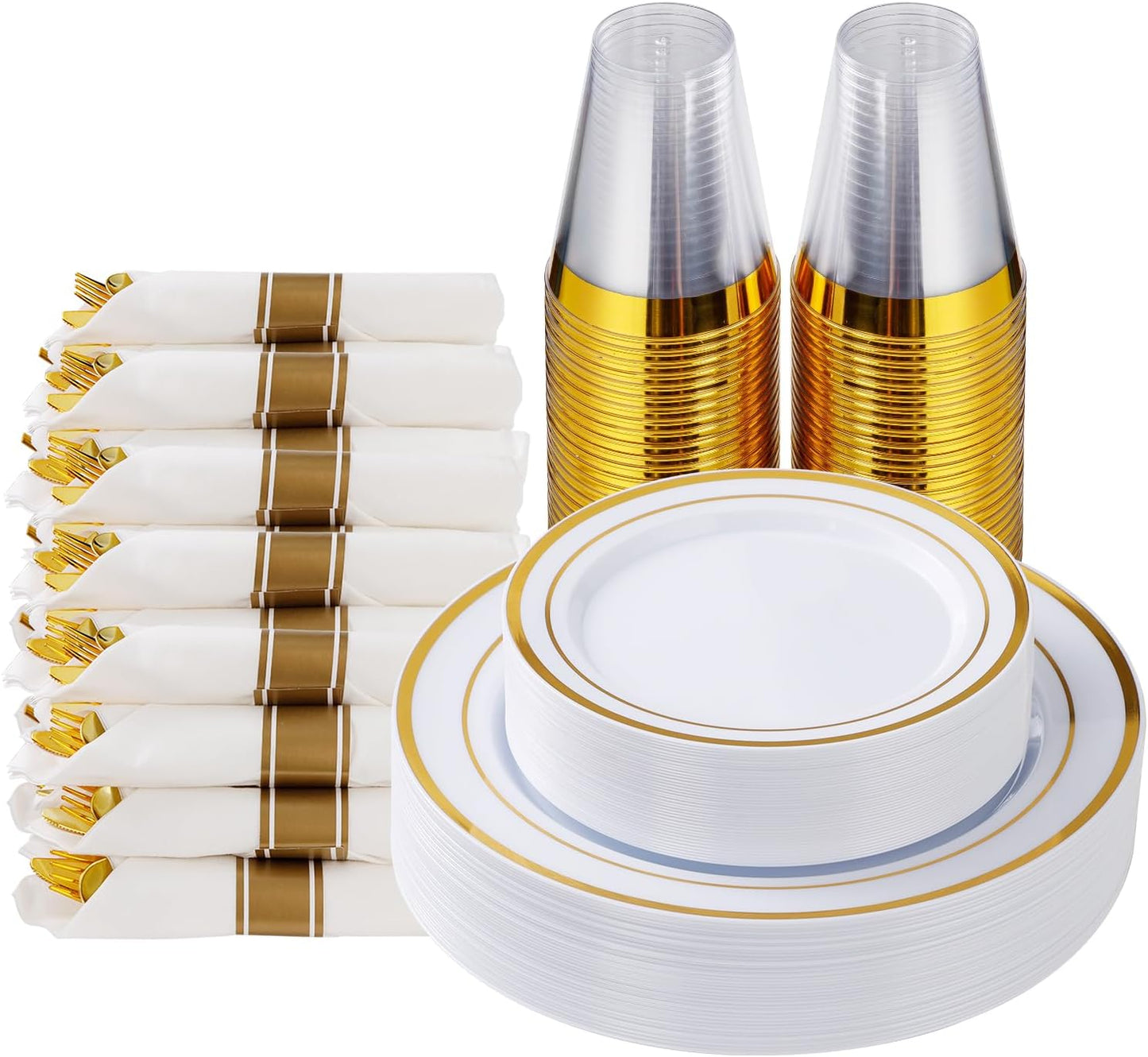 350 Piece Silver Plastic Dinnerware Set for 50 Guests, Fancy Disposable Plates for Party, Include: 50 Dinner Plates, 50 Dessert Plates, 50 Pre Rolled Napkins with Silver Silverware, 50 Cups