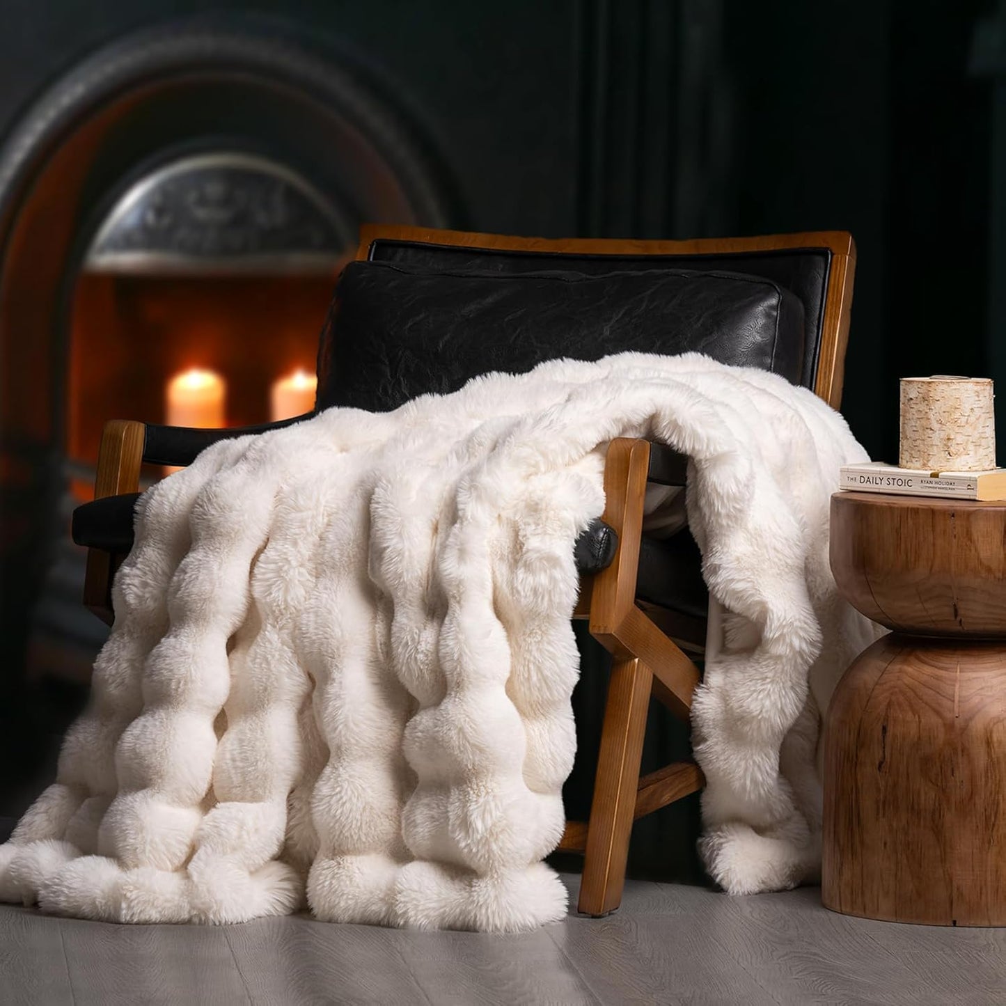 Ultra Soft Luxury Fluffy Ridgeline Faux Rabbit Fur Throw Blanket, Thick Warm Bubble Throw for Bed, Cozy Plush Reversible Blankets for Couch, Chair, Sofa, Ivory White, 60x80 Inches, 870 GSM