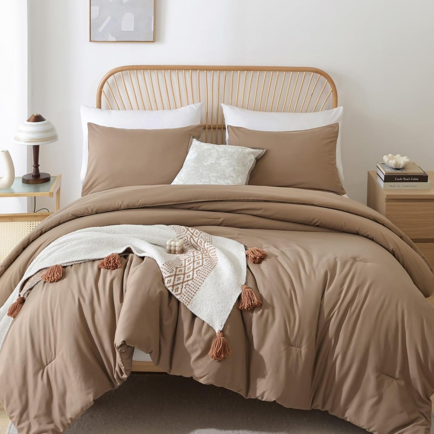 Queen Comforter Set Oatmeal, 3pcs(1 Boho Oatmeal Comforter & 2 Pillowcases) All Season Soft Bedding Lightweight Bedspread Blanket Quilt