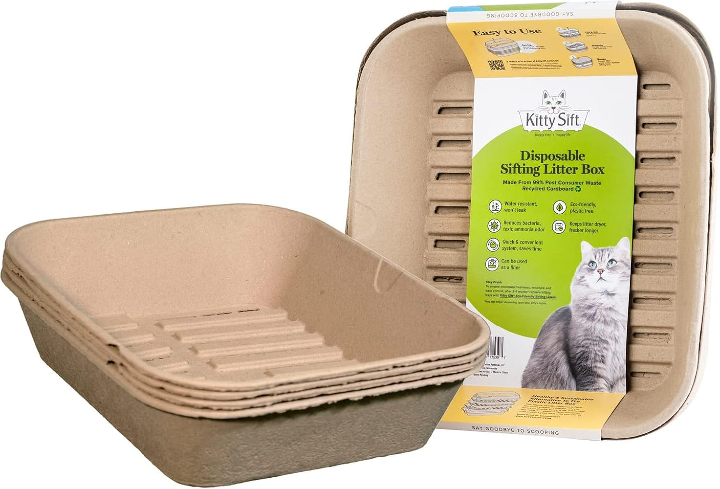 Set of 1 Litter Box & 5 Sifting Liners Sustainable, Clean, Sifting, Disposable Cat Litter Box Kit - Jumbo, 6-Set Kit