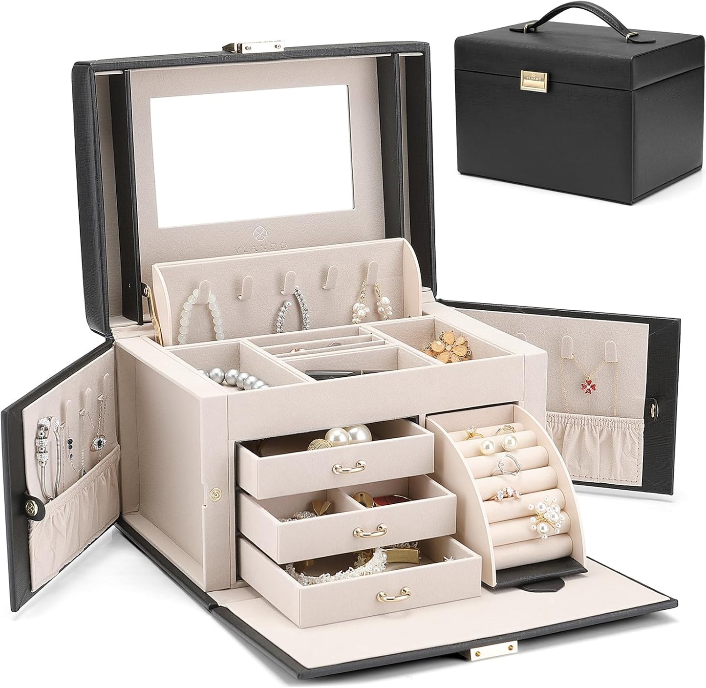 Jewelry Box Organizer for Girls Women, Large Jewelry Holder Organizer with Mirror, 3 Drawers for Bracelets, Earrings, Rings, Necklaces, Mothers Day Gifts for Loved One, Apricot White