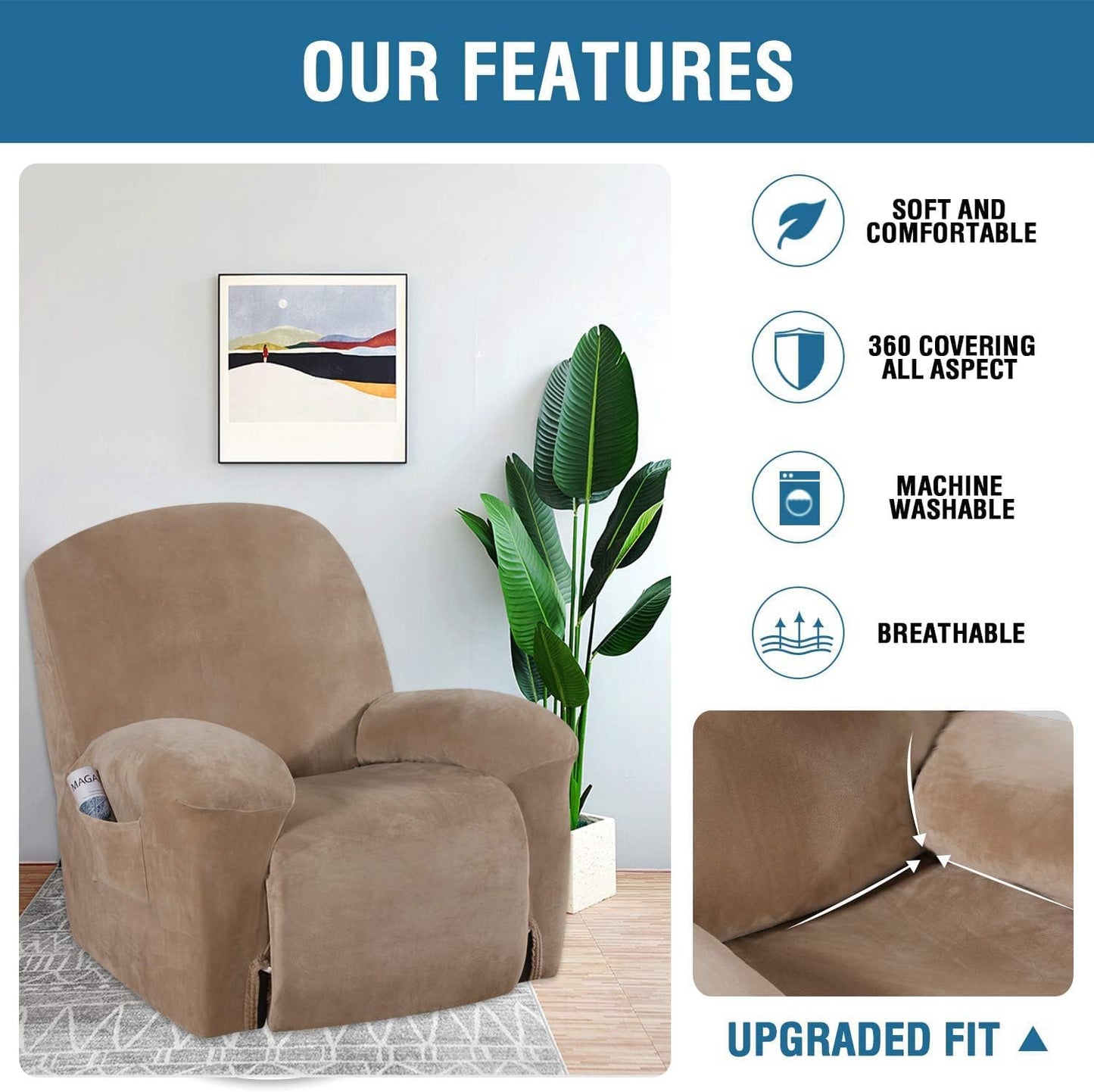 Stretch Recliner Covers 1-Piece Lazy Boy Recliner Chair Covers with Pocket Nonslip Recliner Slip Cover Stay in Place with Elastic Bottom Feature Velvet Plush Fabric(Recliner, Camel)