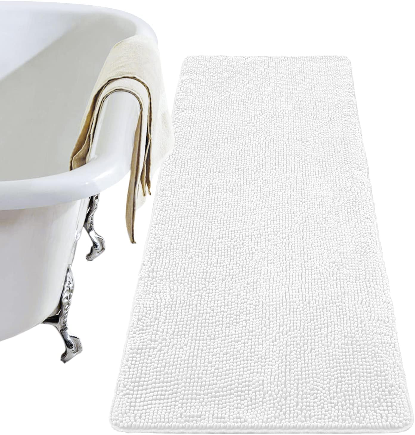 Luxury Bathroom Rug Shaggy Bath Mat 24 x 60 Inch, Washable Non Slip Bath Rugs for Bathroom Shower, Soft Plush Chenille Absorbent Carpets Mats, Black
