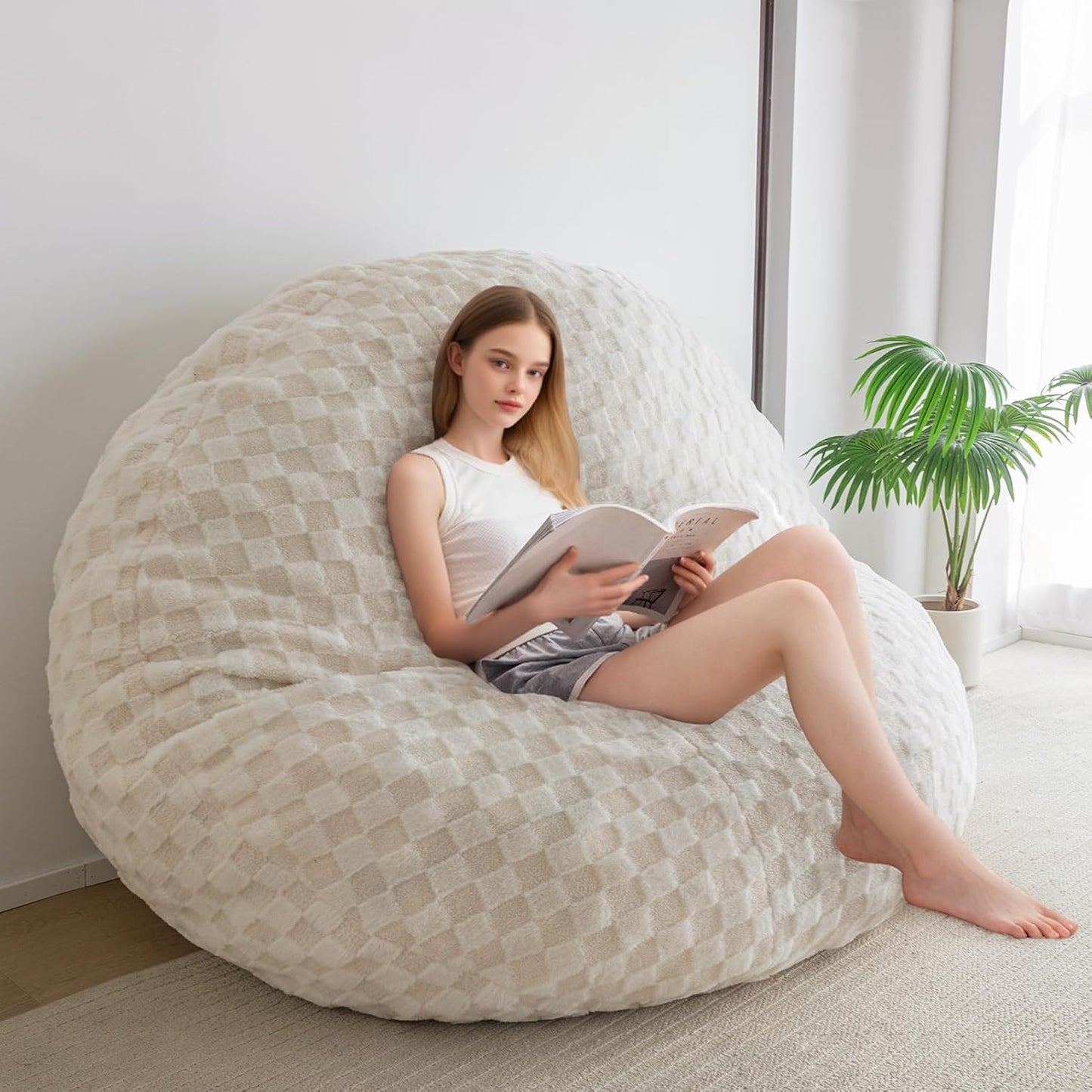3 in 1 Bean Bag Chair, Giant Bean Bag Convertible Lounger for Adult with Filler Included for Bedroom Room Living Room, 75x54 Inch, Beige