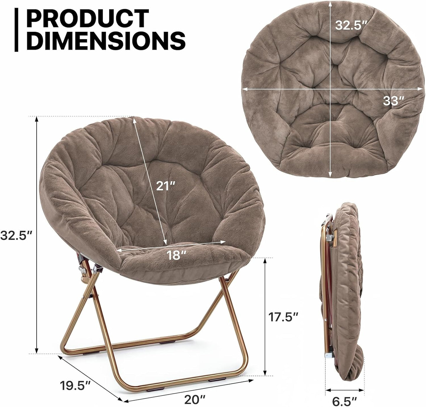 Round Folding Faux Fur Saucer Chair for Bedroom Living Room Dorm Foldable Metal Frame Oversized Large Comfy Furry Padded Soft Lounge Lazy Cozy Moon Chair for Adults (Beige, 2 Pieces)