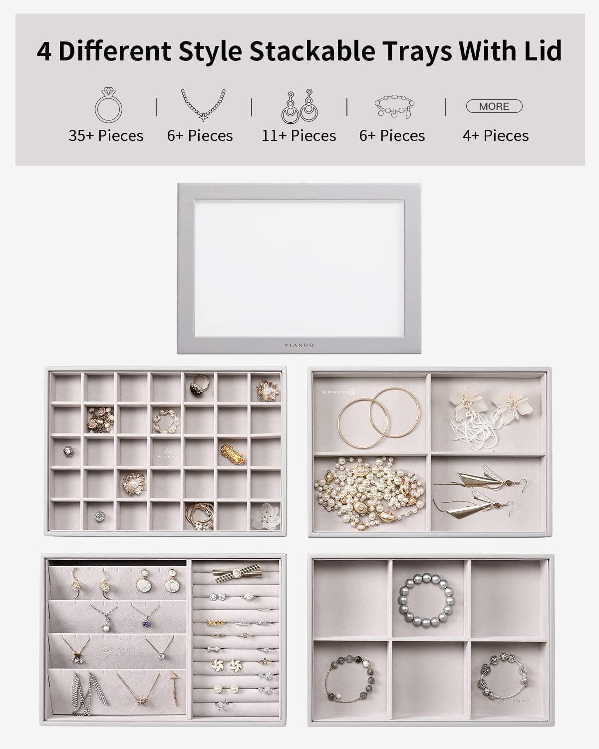 Jewelry Trays Stackable Showcase Display Drawer Organizer Storage Toughened Glass Lid Multi-Purpose Multiple Combinations Large Capacity Multi-Layer Design and Fashion-Grey