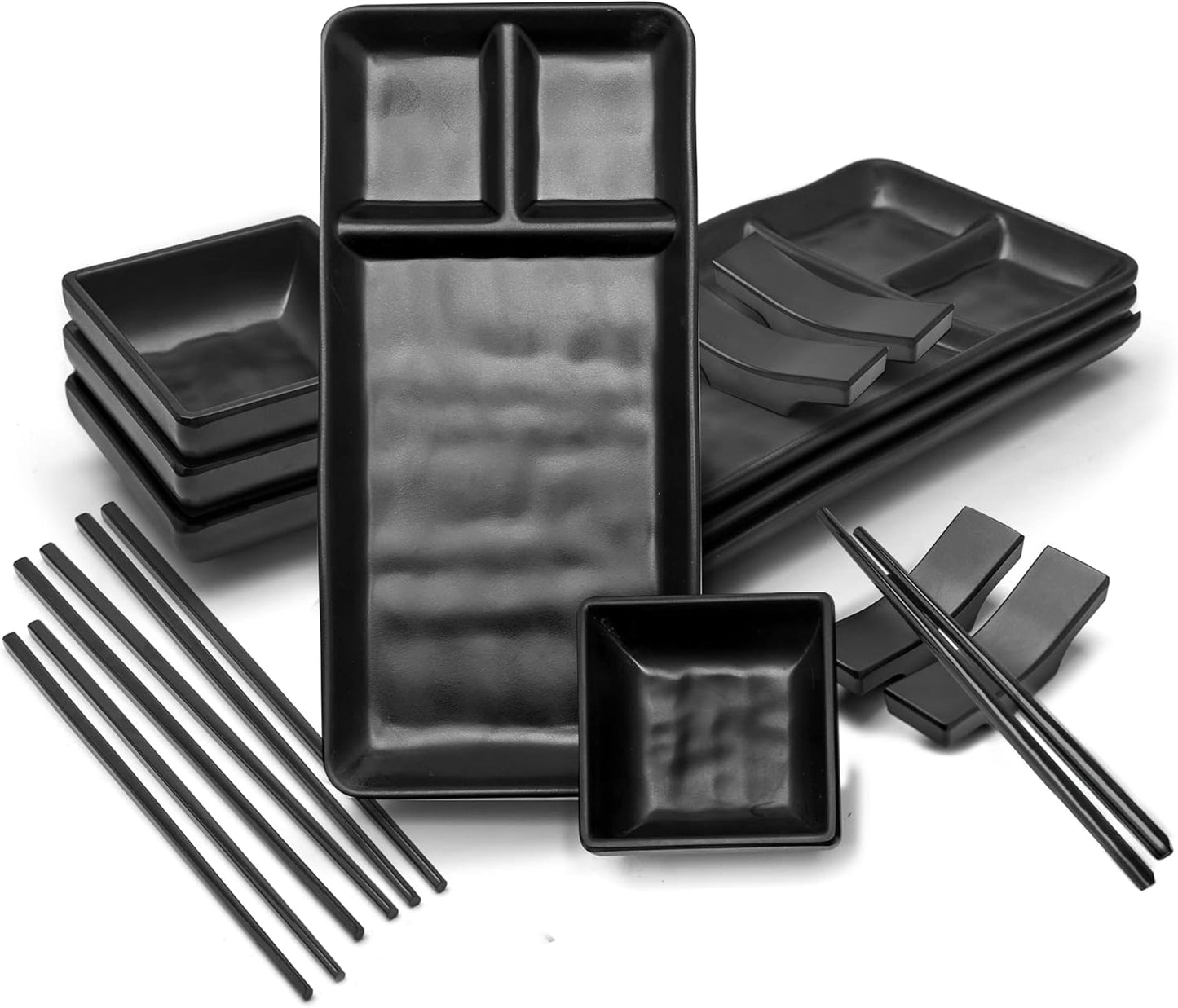 16 Pc. Japanese Sushi Plate Set with Plates, Soy Sauce Bowls, Chopsticks and Holders, Melamine Tableware Serving Dishes for Modern Dining, Classic 4 Person Dinnerware