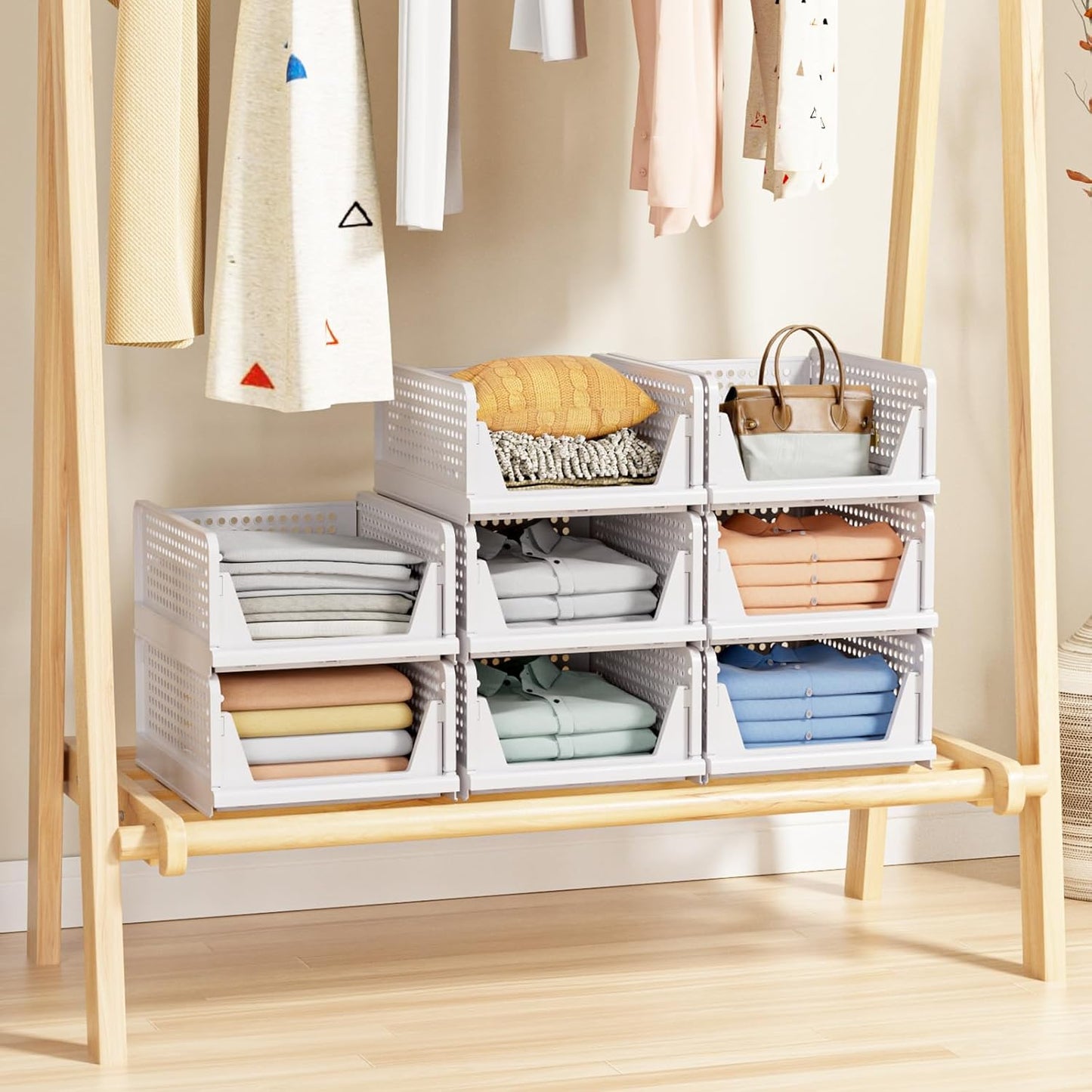 5 Pack Folding Closet Organizers Storage Box, Stackable Plastic Storage Basket, Closet Organizers and Storage Drawer Shelf Storage, Storage Container for Cupboard Kitchen Bathroom, White