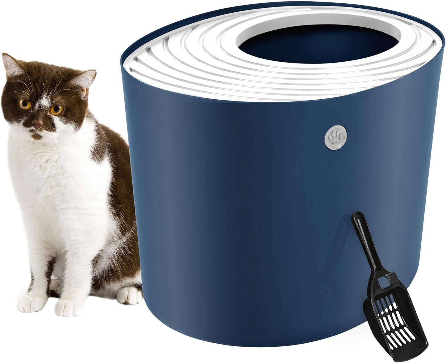 Cat Litter Box, Top Entry Litter Box with Scoop, Stylish Round Cat Litter Box Enclosure, Kitty Litter Box, White/Beige