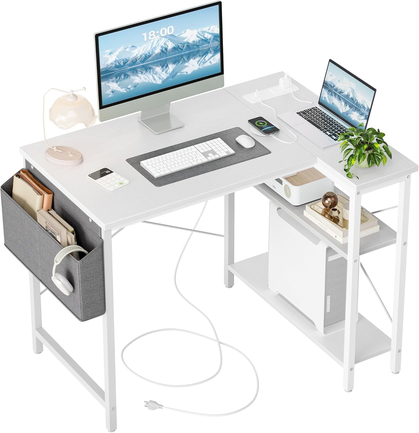 Small Computer Desk with Power Outlets, 40 Inch L Shaped Desk with Reversible Shelves, Gaming Desk Corner Desk Study Writing Table for Home Office Bedroom Living Room, Black