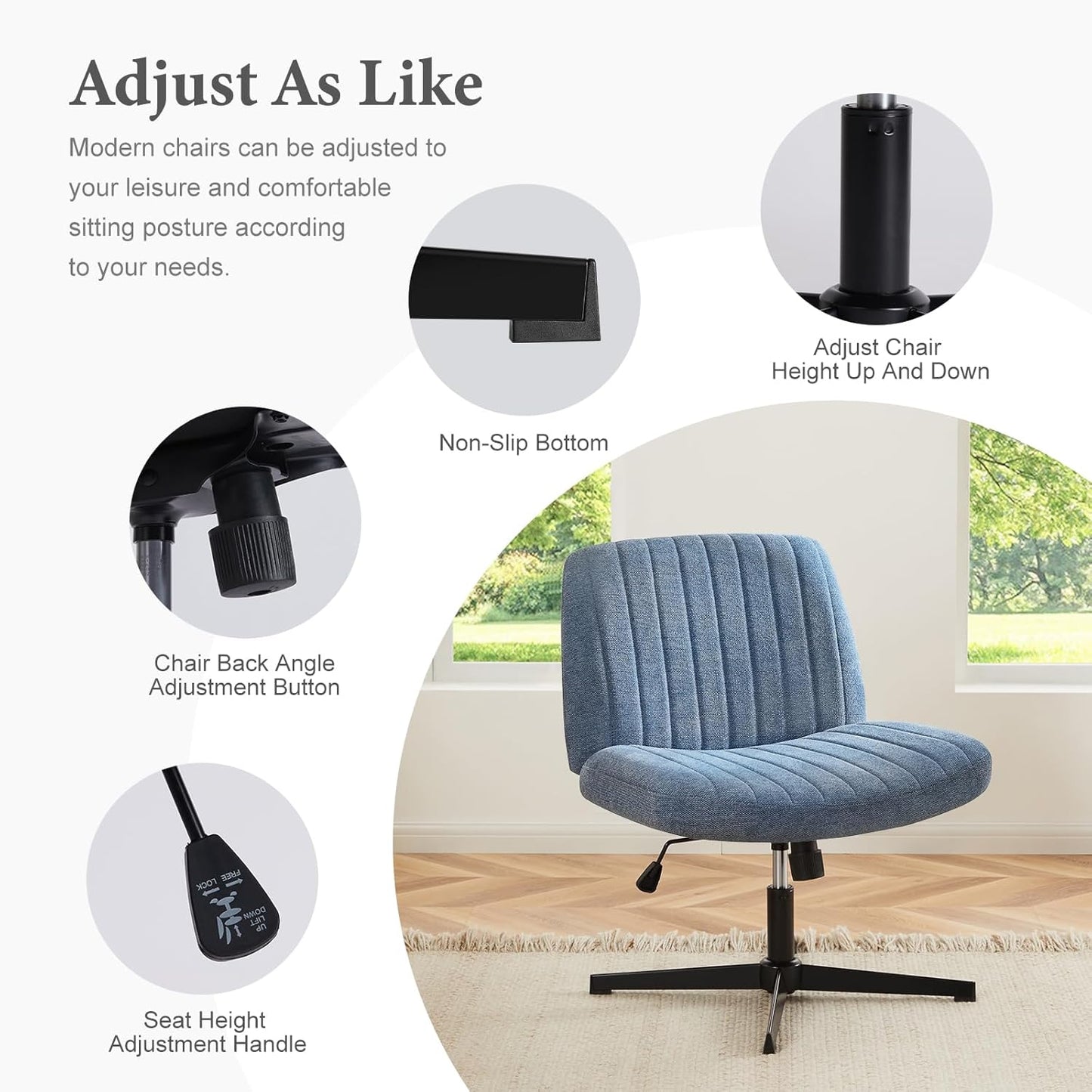 Criss Cross Chair Legged, Armless Office Desk Chair No Wheels, Swivel Vanity Chair, Height Adjustable Wide Seat Computer Task Chair, Fabric Vanity Modern Home Chair Blue