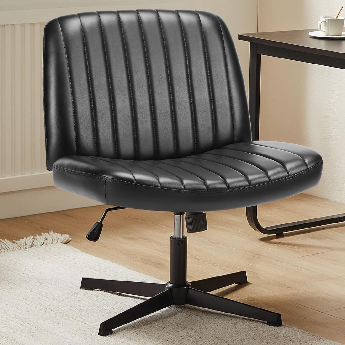 Criss Cross Chair Legged, Armless Office Desk Chair No Wheels, Swivel Vanity Chair, Height Adjustable Wide Seat Computer Task Chair, Fabric Vanity Modern Home Chair Blue